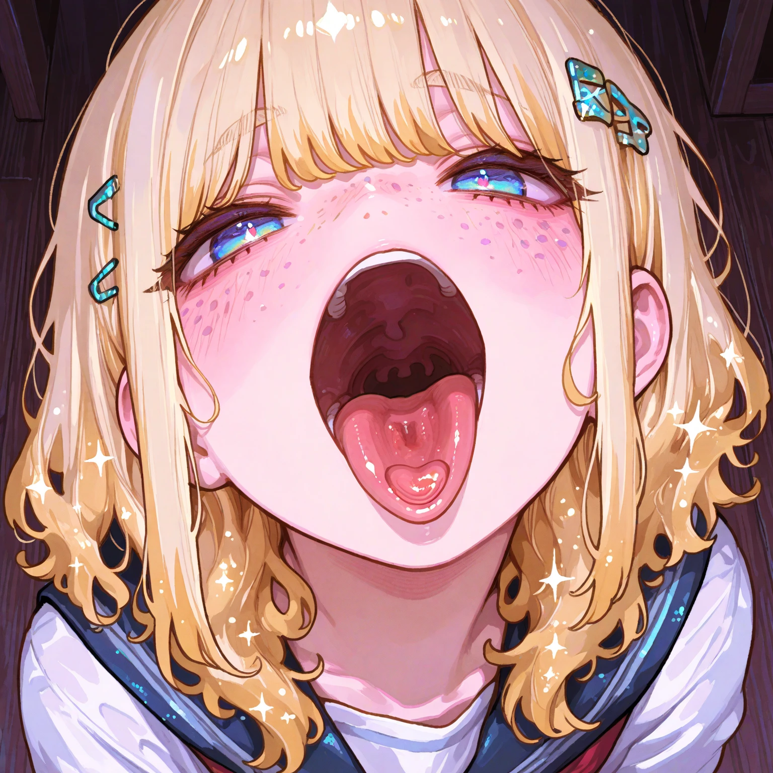 score_9, score_8_up, score_7_up, ymir fritz,1girl, solo, hairband, blonde hair, bangs, blue eyes, medium hair,shaded face,white dress, short sleeves, room, from bellow, looking down, blush, open mouth, big mouth, tongue, tongue out, close up, saliva, uvula, uvula, room, mouth focus, excessive saliva,