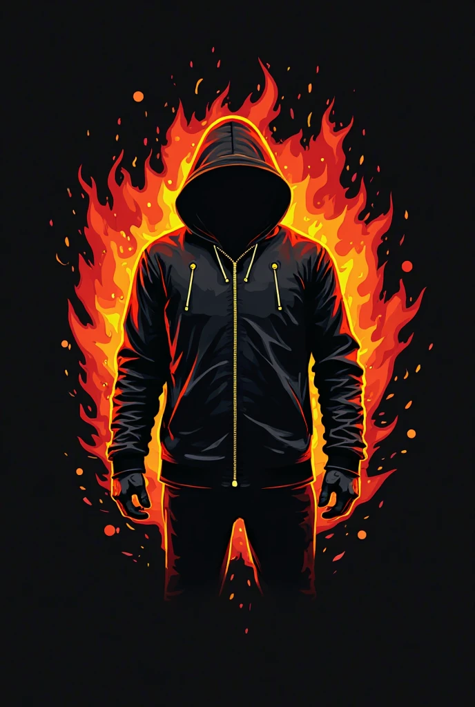 a 20-year-old boy in black, who has a hood and his body emanates a type of hot steam as if they were spontaneously combusting, which is a drawing