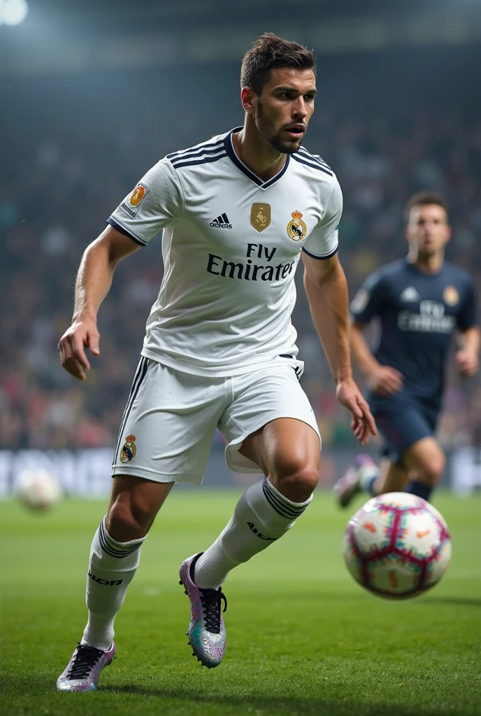 create an image of a man, wearing a Real Madrid shirt, with the name "Josué" number 8 (camera on the left side) and kicking the ball with his right leg (ultra realistic)
