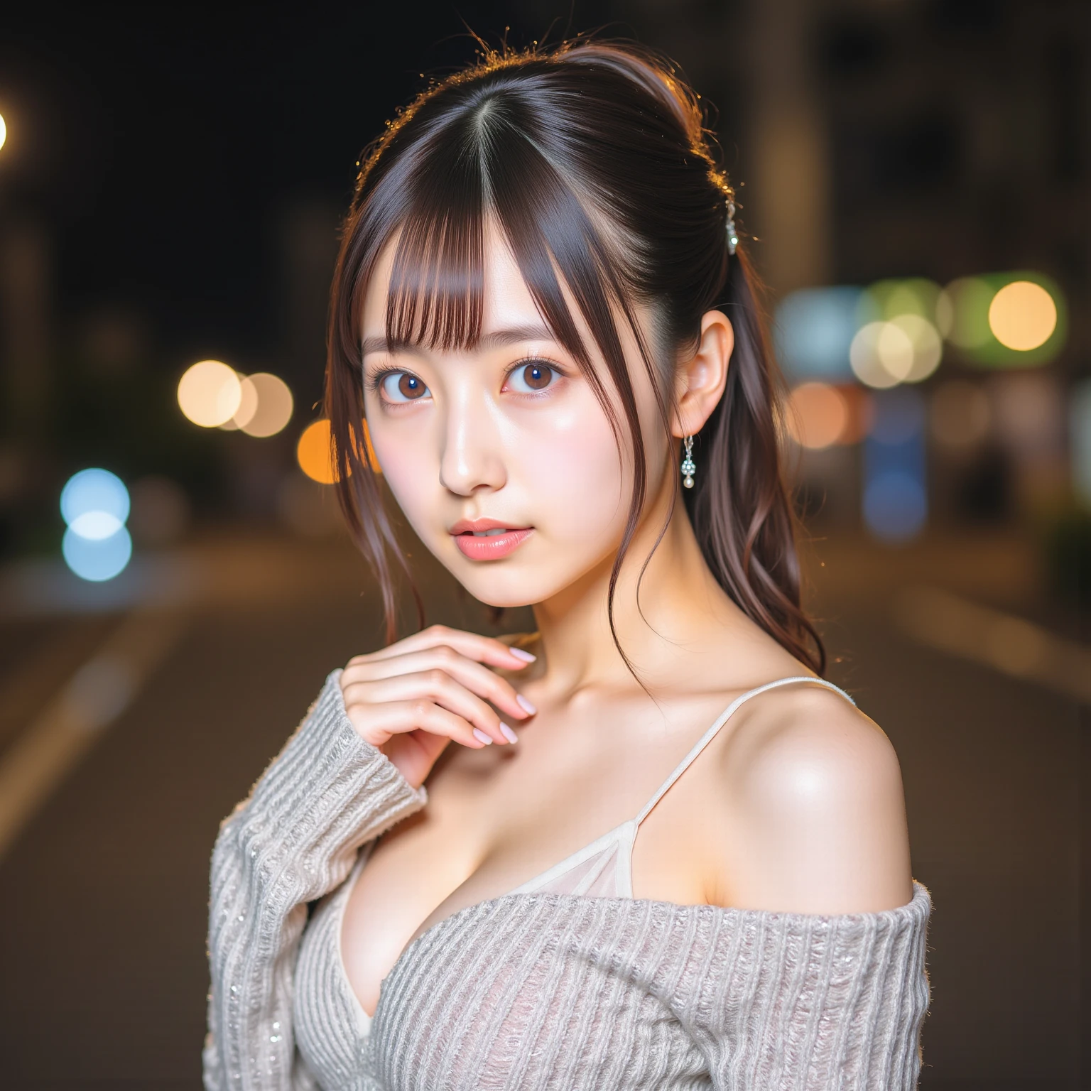 (4k,  best quality, highres:1.1), (realistic, photo-realistic:1),  a flat chest cute girl, Asuka, (cute:1.8), cuties,  solo, (flat chest:1.2), detailed eyes, brown eye, innocent eyes,  cheek blush , random clothes,
masterpiece,  beautiful lighting,cinema lights,film grain,jewelry, heart-shaped earrings,  bangs, cherry lips,   looking at viewer,  upper body, parted lips,  ponytail, side ponytail, two side up,
depth of field,   blurry background,  eye focus, bokeh, 85mm lens, F/1.4 , professional lighting, photon mapping, radiosity, physically-based rendering,High Detail,  masterpiece,