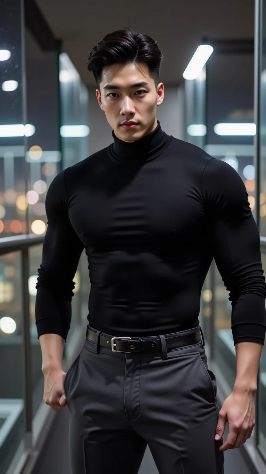(Create a masterpiece: 1.2),(CGI art:1.3),(realistic:1.5),(After processing:1.3), (Sharp focus:1.3), 1 man, open mouth, smile, (Navy blue round neck shirt:1.3), Navy cargo pants, Korean guy , korean men, (High gloss details), chest muscles, large arm muscles, blood vessel, Big muscles, Broad shoulders, looking at the audience, Balancing the eyes, bedroom