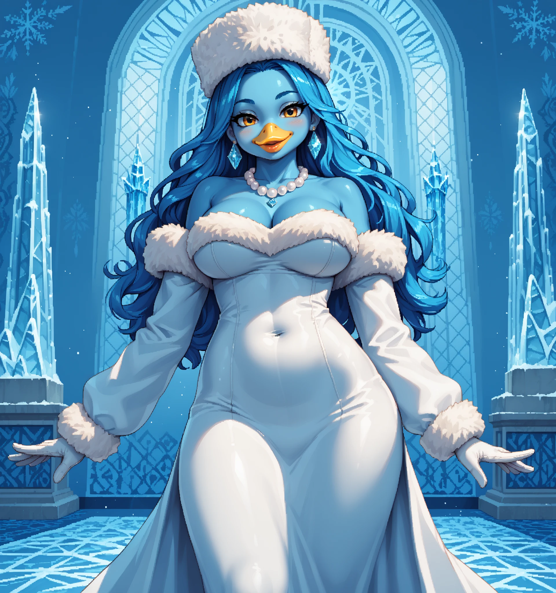 score_9, score_8_up, score_7_up, source_anime, 1girl, solo, pixel art, anthro bird, anthro furry bird, penguin girl, yellow beak BREAK
Long hair, blue hair, large breasts, forehead, winged arms, (plumage, white plumage, blue plumage skin, blue skin), white belly BREAK
edgwdc, winter clothes, gloves, hat, dress, bare shoulders, jewelry, earrings, white gloves, necklace, lips, fur hat, pearl necklace, wearing edgwdc, white gloves with fur around it BREAK
Looking at viewer, happy, blush, indoors , (ice palace) , ((blue walls)) , (diamond-shaped windows)