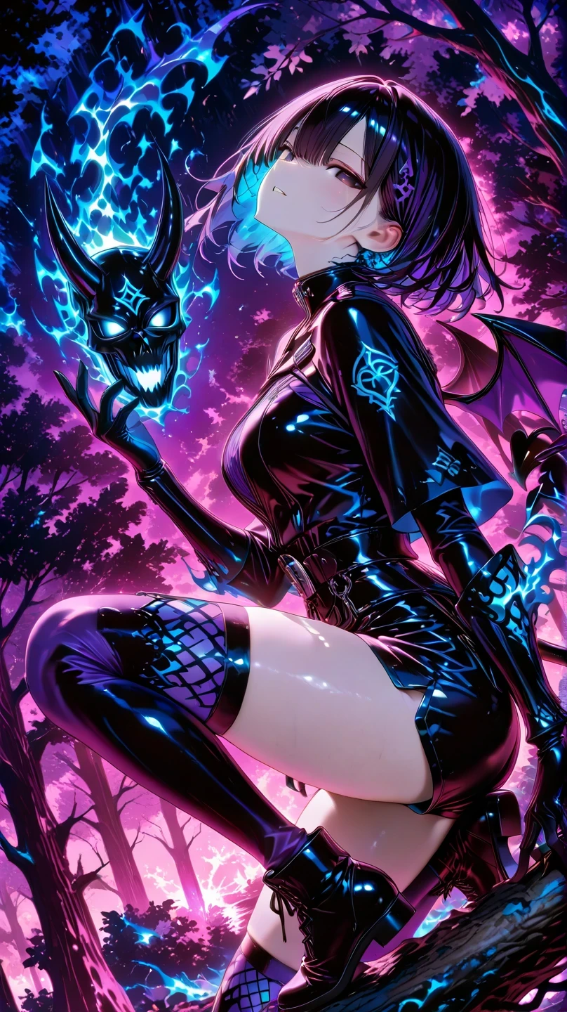 Devil dark haired Big Dark Eyes Watching Viewers Art of Light light effect Dark Side Devil召喚 Darkness of Hate engulfed in blue flames Brutal depictions Beautiful and cute face Action Poses, dynamic angle, ,Falling Back in Front Sitting on a branch Inner Color Purple Please kneel down Holding a Kidney in Your Hand purple knee-high socks
Bend one knee black shorts