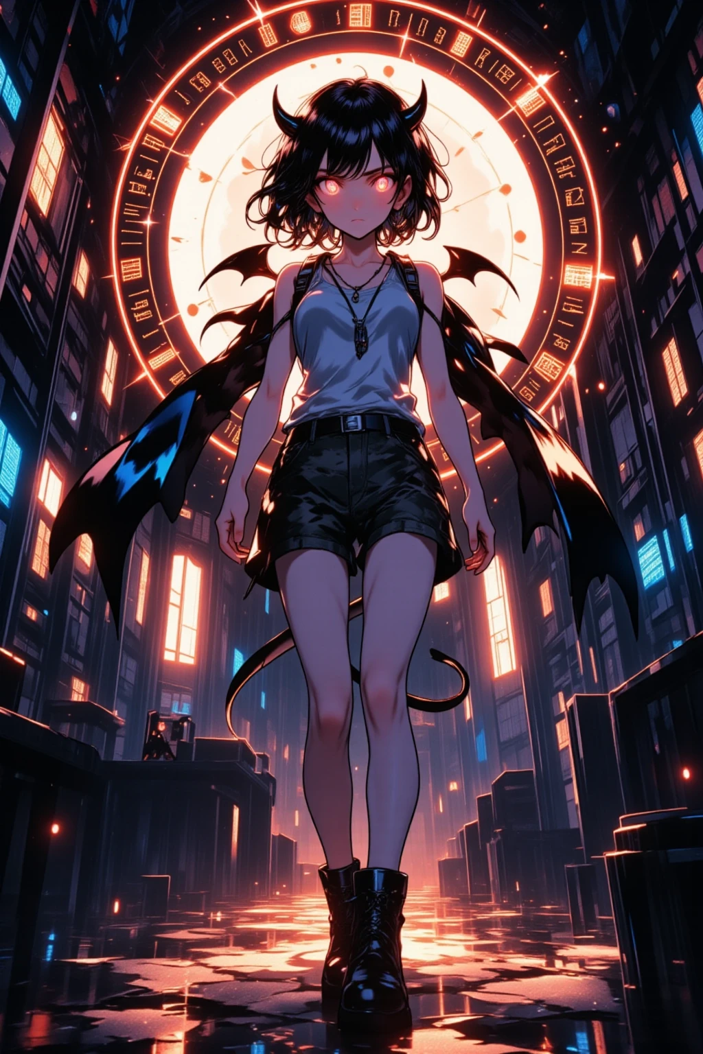 1girl, anime girl with black hair with highlights in her hair and dragon wings and tail standing in the rain and lightening in the background, masterpiece, fine detail, dragon, best quality, extremely beautiful detailed eyes, ultra-detailed, elaborate features, demon horns, tail, dragon tail, detailed face, high quality, cute, beautiful, high definition, cinematic lighting, character portrait, anatomy, face, safi'jiiva, heterochromia eyes, heterochromia, choker, demon, big wings, disdain, narrow eyes, glowing eyes, messed up clothes, defeated