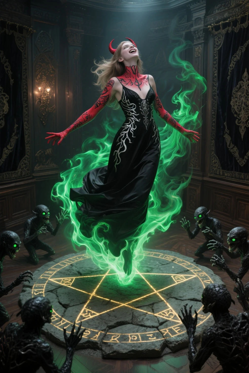 1Girl 32 years old, Long hair, full body pose , looking up at viewer, Blonde hair, bare shoulders, green eyes, (jewelry:1.1), full entire body, tightly fitting top, mini skirt, red lips, realistic, button nose, flirting with the camera. (cosmic horror unfolding in the background:1.2) Cthulhu's reaching out for her, She is desperately trying to evade him. (Color palette Amber and steel blue:1.3), rindou, bimbo