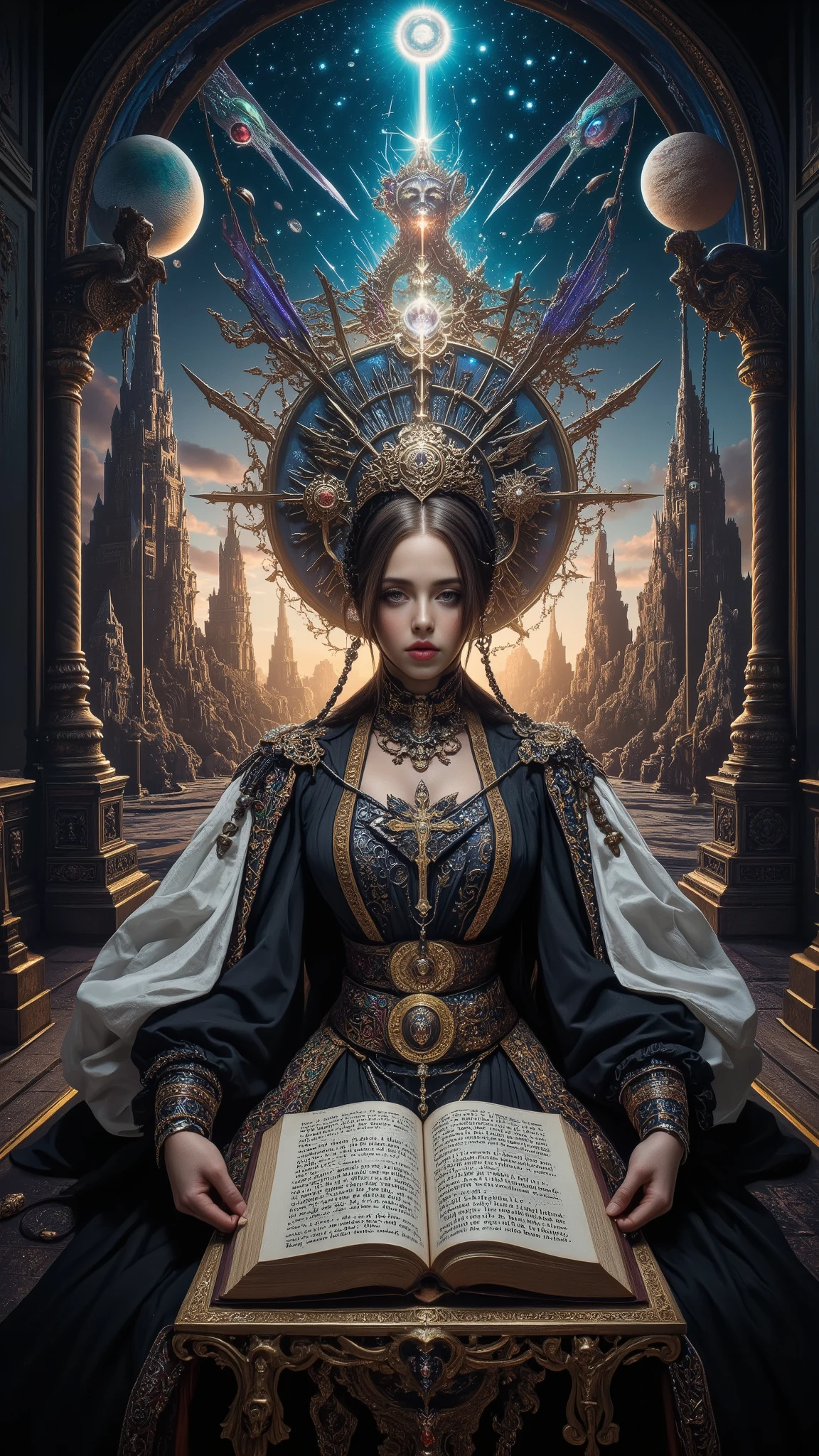 Surreal Painting, An extravagant, mysterious female figure dressed in intricately embroidered black and white medieval clothing that fits her form perfectly , A jeweled rosary necklace with a large crucifix rests on her shoulder,Allusions to a historical or religious background or past lives, her hands are tightly gripping a very ancient illuminated book of Alchemy glowing with ancient magics and Angelic Enochian magic, with arcane graphs and suggesting studiousness and contemplation, A number of abstract shapes and dragon heads, cyclops things and creatures of myth blend seamlessly around the mysterious figure's head,Set against a vivid , an alien cosmic montage of strange vistas of backdrop, Jagged iridescent geometric shapes, The background features celestial bodies such as planets and moons,Above these shapes are disarticulated eyes,Adding to the dreamy, mysterious atmosphere, The scene is set in a dark, expansive temple open to the sky, Suggesting a journey through time and space, The contrast of light and shadow, Fantastic Mood, A visually appealing piece, Deep symbolism, Various interpretations.6