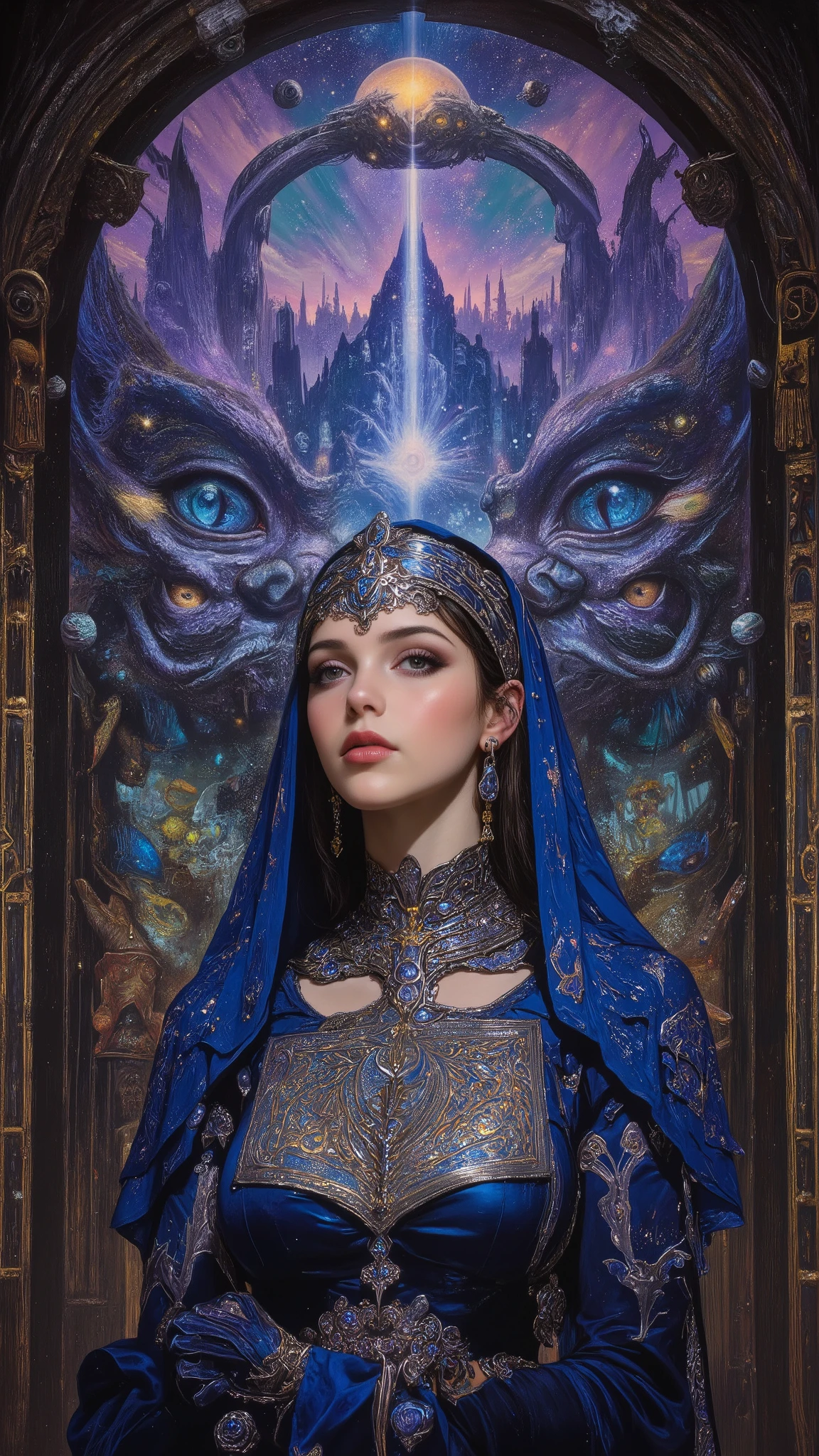 Surreal Painting,  An extravagant, mysterious female figure dressed in intricately embroidered cobalt blue medieval clothing that fits her form perfectly , A jeweled rosary necklace with a large crucifix rests on her shoulder,Allusions to a historical or religious background or past lives, her hands are tightly gripping a very ancient illuminated book of Alchemy glowing with ancient magics and Angelic Enochian magic, with arcane graphs and suggesting studiousness and contemplation, A number of abstract shapes and dragon heads, cyclops things and creatures of myth blend seamlessly around the mysterious figure's head,Set against a vivid , an alien cosmic montage of strange vistas of backdrop, Jagged iridescent geometric shapes, The background features celestial bodies such as planets and moons,Above these shapes are disarticulated eyes,Adding to the dreamy, mysterious atmosphere, The scene is set in a dark, expansive temple open to the sky, Suggesting a journey through time and space, The contrast of light and shadow, Fantastic Mood, A visually appealing piece, Deep symbolism, Various interpretations.