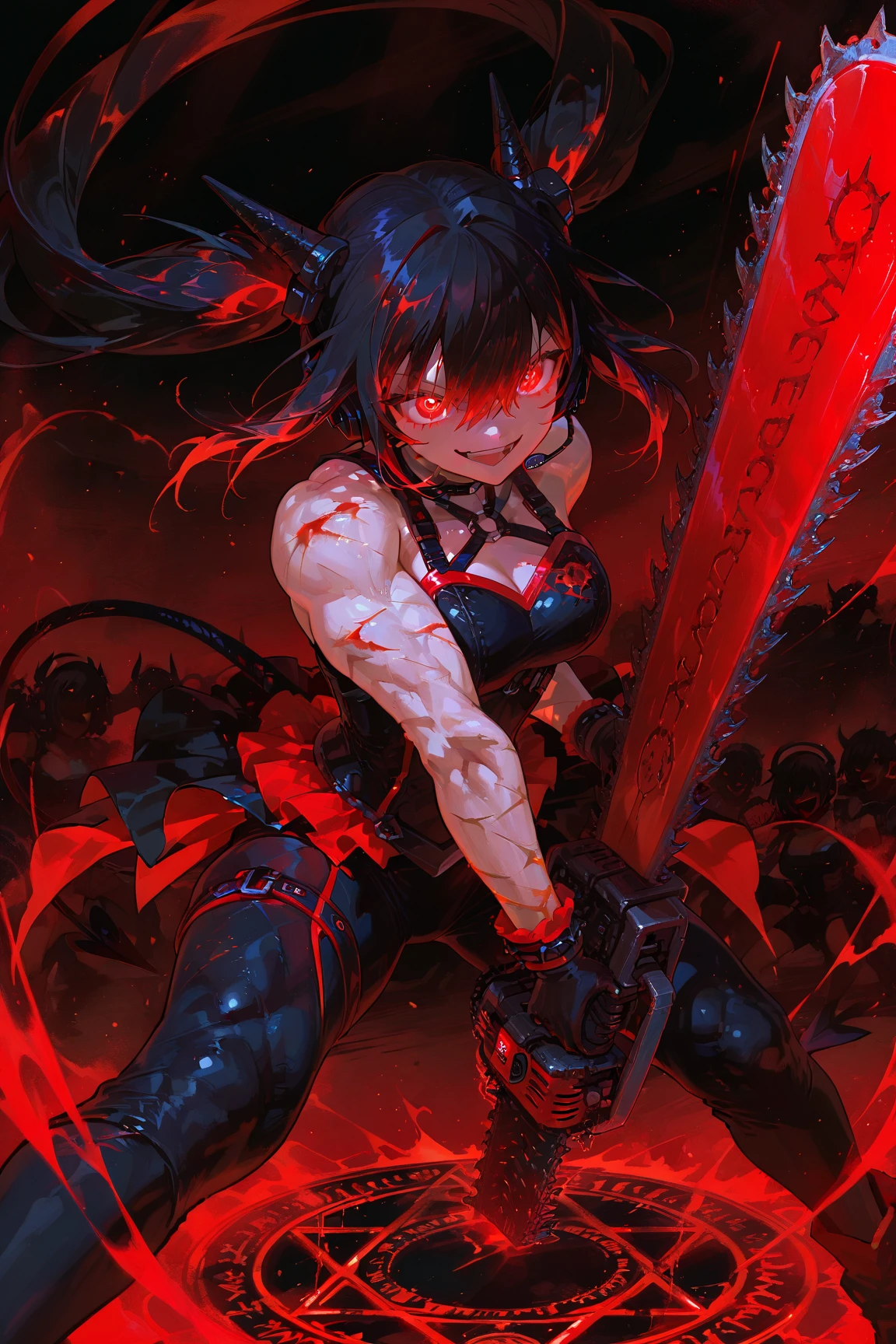 Idol Slayer,Idol devil girl,background hell,slayer,Idol armor,Beautiful devil girl covered in scars,muscles,Holding a chainsaw Sword,slayer Idol,twin tails,bodysuit,Stained with blood,headset microphone,Hell's Idol Stage,evil audience,separate skirt,Idol smile,perfect , masterpiece, best quality, very aesthetic, ultra-detailed, best illustration, unity 8k wallpaper, official art, 100-layer,Demonic Summoning,Demonic monster,magic circle,aura effect,solo / solo focus,Slash effect,battlepose,motion blur,action lines,







　 





