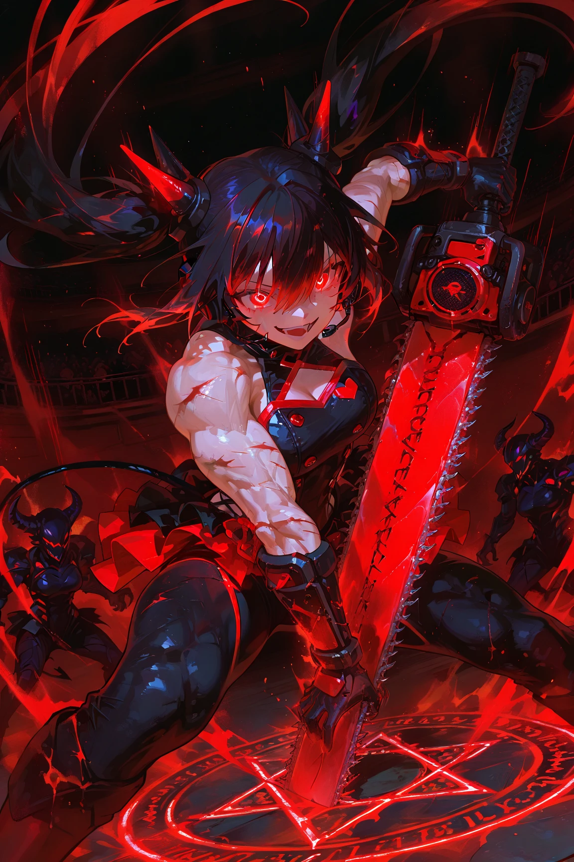 Idol Slayer,Idol devil girl,background hell,slayer,Idol armor,Beautiful devil girl covered in scars,muscles,Holding a chainsaw Sword,slayer Idol,twin tails,bodysuit,Stained with blood,headset microphone,Hell's Idol Stage,evil audience,separate skirt,Idol smile,perfect , masterpiece, best quality, very aesthetic, ultra-detailed, best illustration, unity 8k wallpaper, official art, 100-layer,Demonic Summoning,Demonic monster,magic circle,aura effect,solo / solo focus,Slash effect,battlepose,motion blur,action lines,







　 




