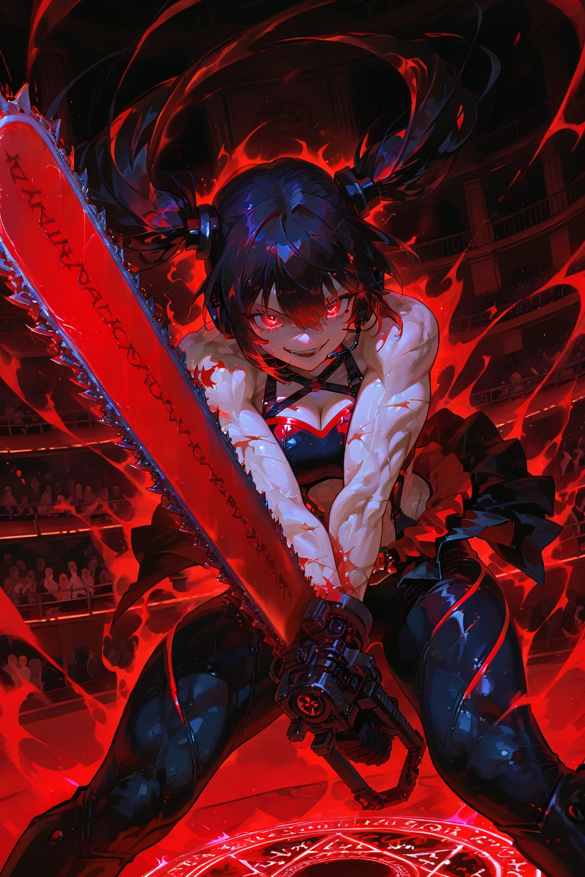Idol Slayer,Idol devil girl,background hell,slayer,Idol armor,Beautiful devil girl covered in scars,muscles,Holding a chainsaw Sword,slayer Idol,twin tails,bodysuit,Stained with blood,headset microphone,Hell's Idol Stage,evil audience,separate skirt,Idol smile,perfect , masterpiece, best quality, very aesthetic, ultra-detailed, best illustration, unity 8k wallpaper, official art, 100-layer,Demonic Summoning,Demonic monster,magic circle,aura effect,solo / solo focus,Slash effect,battlepose,motion blur,action lines,







　 





