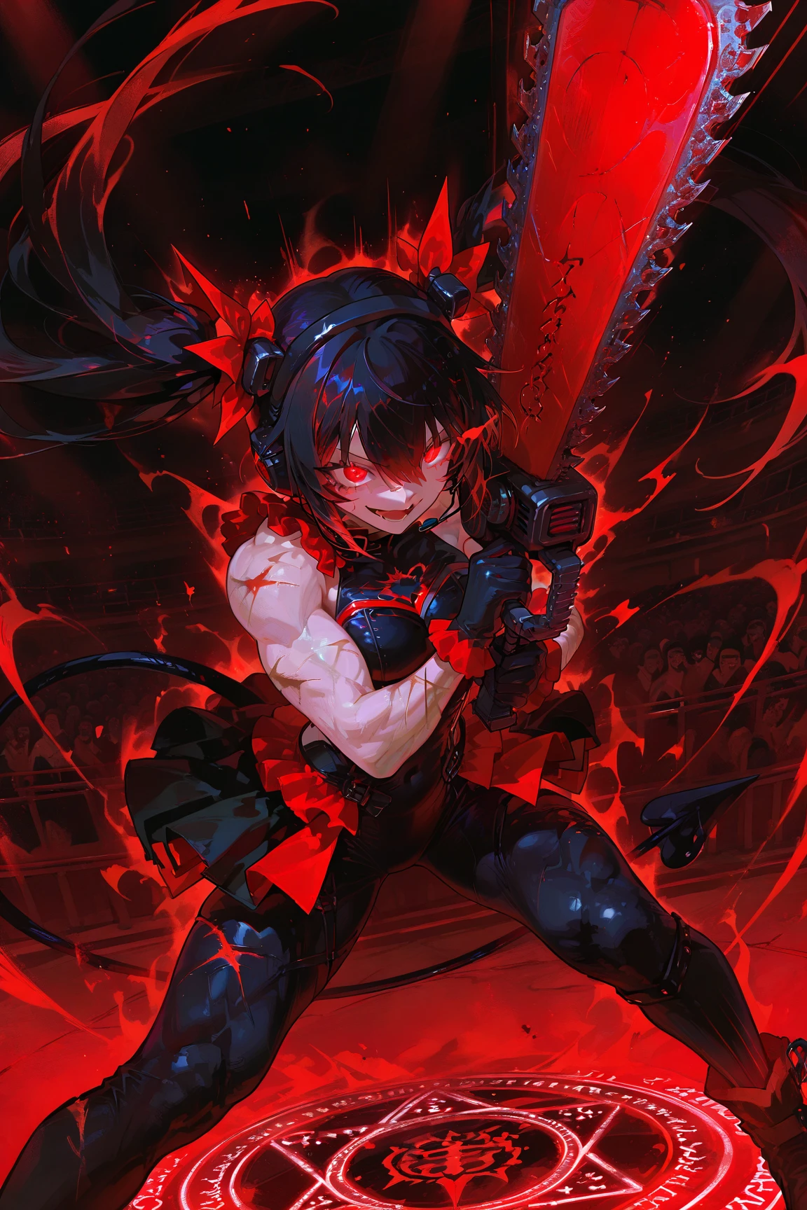Idol Slayer,Idol devil girl,background hell,slayer,Idol armor,Beautiful devil girl covered in scars,muscles,Holding a chainsaw Sword,slayer Idol,twin tails,bodysuit,Stained with blood,headset microphone,Hell's Idol Stage,evil audience,separate skirt,Idol smile,perfect , masterpiece, best quality, very aesthetic, ultra-detailed, best illustration, unity 8k wallpaper, official art, 100-layer,Demonic Summoning,Demonic monster,magic circle,aura effect,solo / solo focus,Slash effect,battlepose,motion blur,action lines,







　 




