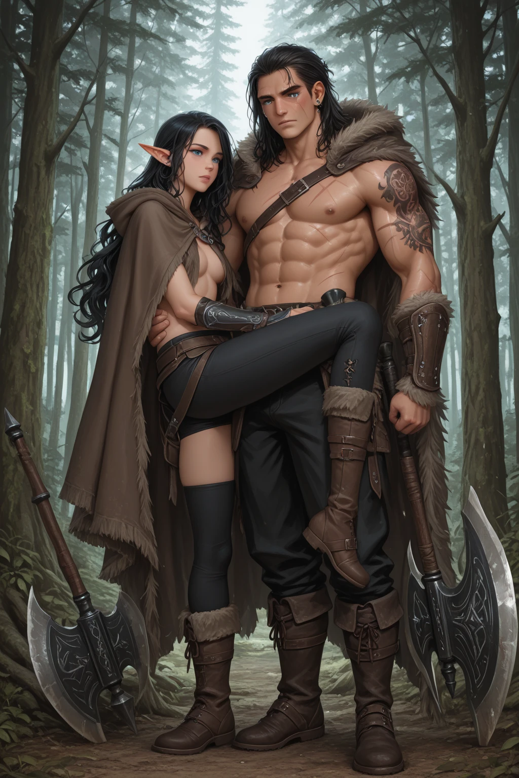 A seductive raven-haired warrior is seen engaging in passionate vaginal sex on the ground with a hooded male figure in a forest clearing. Her cheeks are blushing, adding a touch of allure to her appearance. She is nude apart from an open brown cloak and a belt and scabbard with a dagger which adds an air of mystery to her presence. Her sheathed sword lies on the ground. Her hair is intertwined with messy vines. Her pussy is fully exposed to her partner. (( 1girl,1boy, reverse upright straddle, sex, sitting on person, penis, kiss, (pussy juice:1.4, vaginal fluid) ))
The environment surrounding her is a dark green sylvestrian landscape. The lush dark foliage and tall trees provide a sense of seclusion and intimacy. In the background, a black forest stretches out, adding an element of enchantment to the overall composition. It is twilight.
The image quality is of the utmost importance, featuring the best quality. Every detail is meticulously captured, resulting in an ultra-detailed and realistic depiction. It showcases professional-level artistry with vivid colors and sharp focus incredibly explicit detail of this NSFW fantasy. The lighting accentuates the enchantress, casting a mesmerizing glow upon her features and explicit view of her sexual anatomy.
This prompt beautifully combines elements of fantasy and sensuality, creating a captivating scene of a ravishing warrior woman fucking a stranger in a mystical forest.