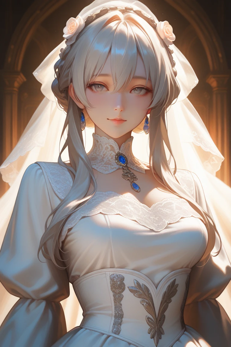 (((masterpiece))), (((best quality))), ((ultra-detailed)), (highly detailed CG illustration), ((an extremely delicate and beautiful)), cinematic light,((1girl)), solo, (upper body), (character focus), extreme detailed,colorful,highest detailed, nun, huge breasts, soft_breasts, white latex bodysuit, white cloak, white footwear, ((praying)), platinum blonde hair, green eyes, (light smile), white elbow gloves, cross necklace,