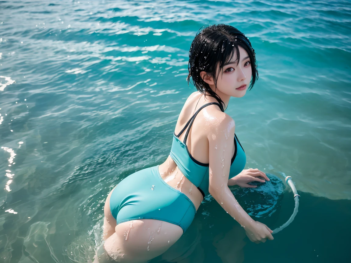 (((NSFW))),(1 girl),(crowd, Photo of beautiful Japanese idols in sea),(smile),((Wet Skin:0.9)),(Colossal breasts 1.5),(Saggy breasts),(Big Ass),(Sunburned skin),(Black Hair、Voluminous mid-length bob),(String Bikini),(Nipples protruding from bikini)