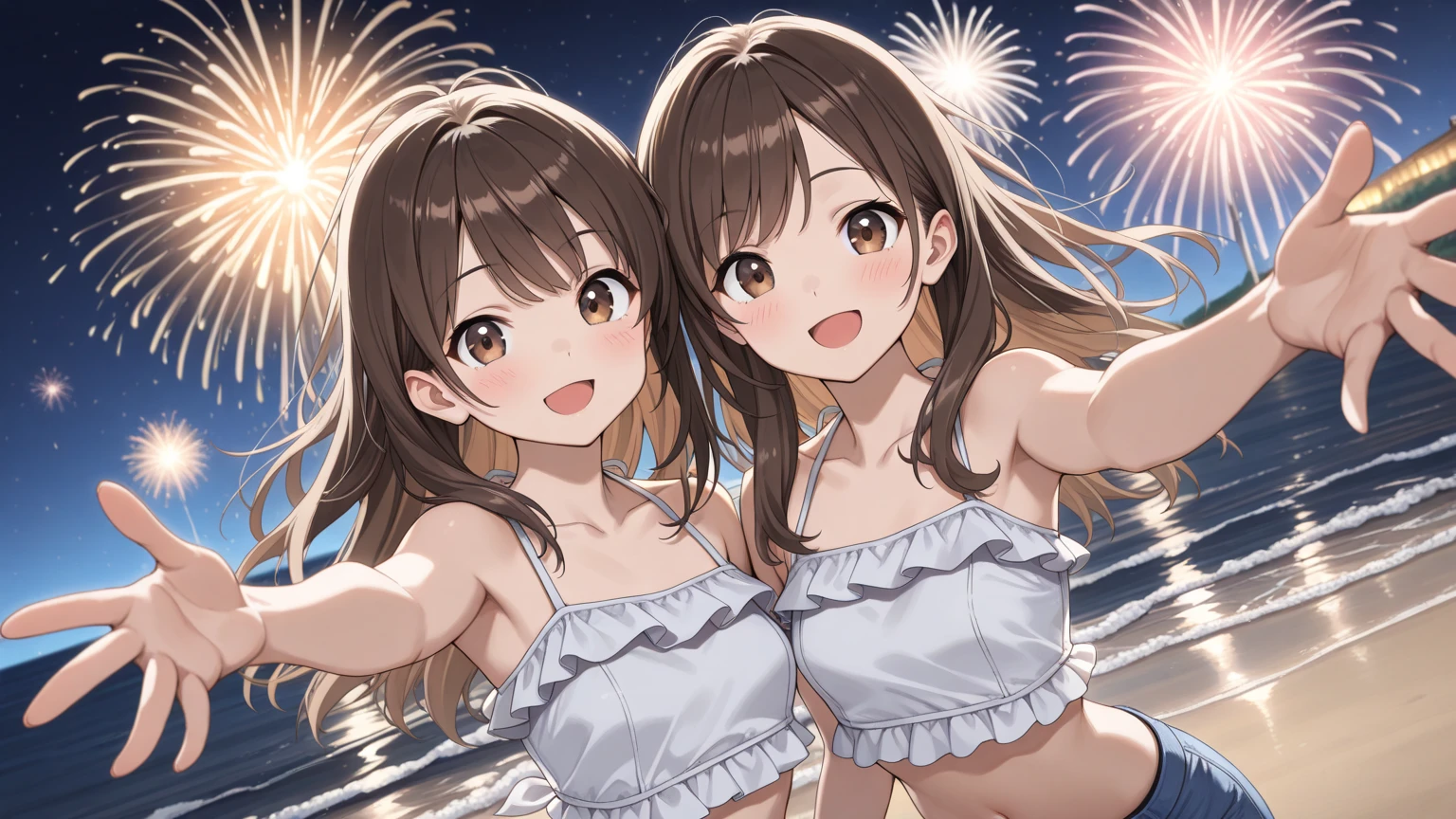 (Very detailed,High resolution,masterpiece:1.2)Japanese、Night view, Starry Sky、milky way、Light brown hair. Big fireworks、(Highest quality:1.2), 20~40-year-old woman、Small breasts、Very detailedな, High resolution, masterpiece:1,2, Vivid and colorful,, Professional Lighting, Physically Based Rendering, Flat Color:0.8, Detailed illustrations, realism:1.37, Makoto Shinkai style, Your name style, Light brown hair, Elegant update,ponytail, Bun Hair。, Laugh together, Dynamic pose, Selfie, Full body older sister、。naked、Show off your full breasts, Areola、Nipples、I love you 、Bitch、Obscene、Small breasts、Pubic hair is visible、Genitals are visible、The whole body is visible、Anime Drawings、figure。The whole body is visible、All naked、A group of several people