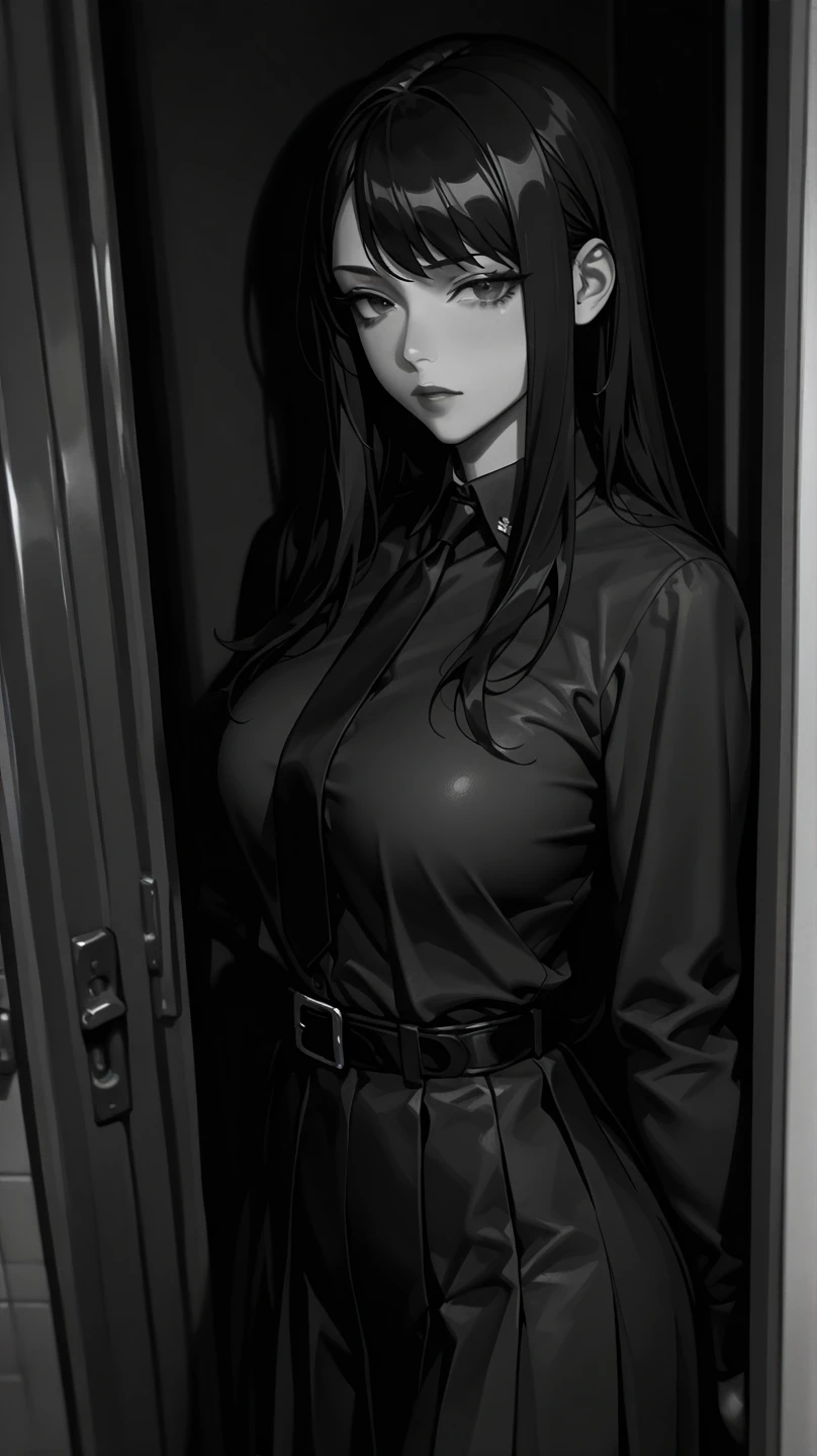 absurdres, RAW photo, extremely delicate and beautiful, masterpiece, Best Quality, ultra high resolution, 32k, hyperrealistic, ultra-detailed, perfect anatomy, anatomically correct, perfect figure, Perfect Style, Perfect balance, super Detailed skin, in her 30s, very Slim body, narrow waist, very small head, very small face, delicate facial features, handsome detailed woman, very detailed eyes and face, realistic face proportions, Realistic beautiful face, Realistic beautiful eyes, tearful mole, earring, big tits, full body shot, medium hair, indoor, grim reaper, hooded robe, huge scythe, business suit, blazer, shirt, skirt, tie,