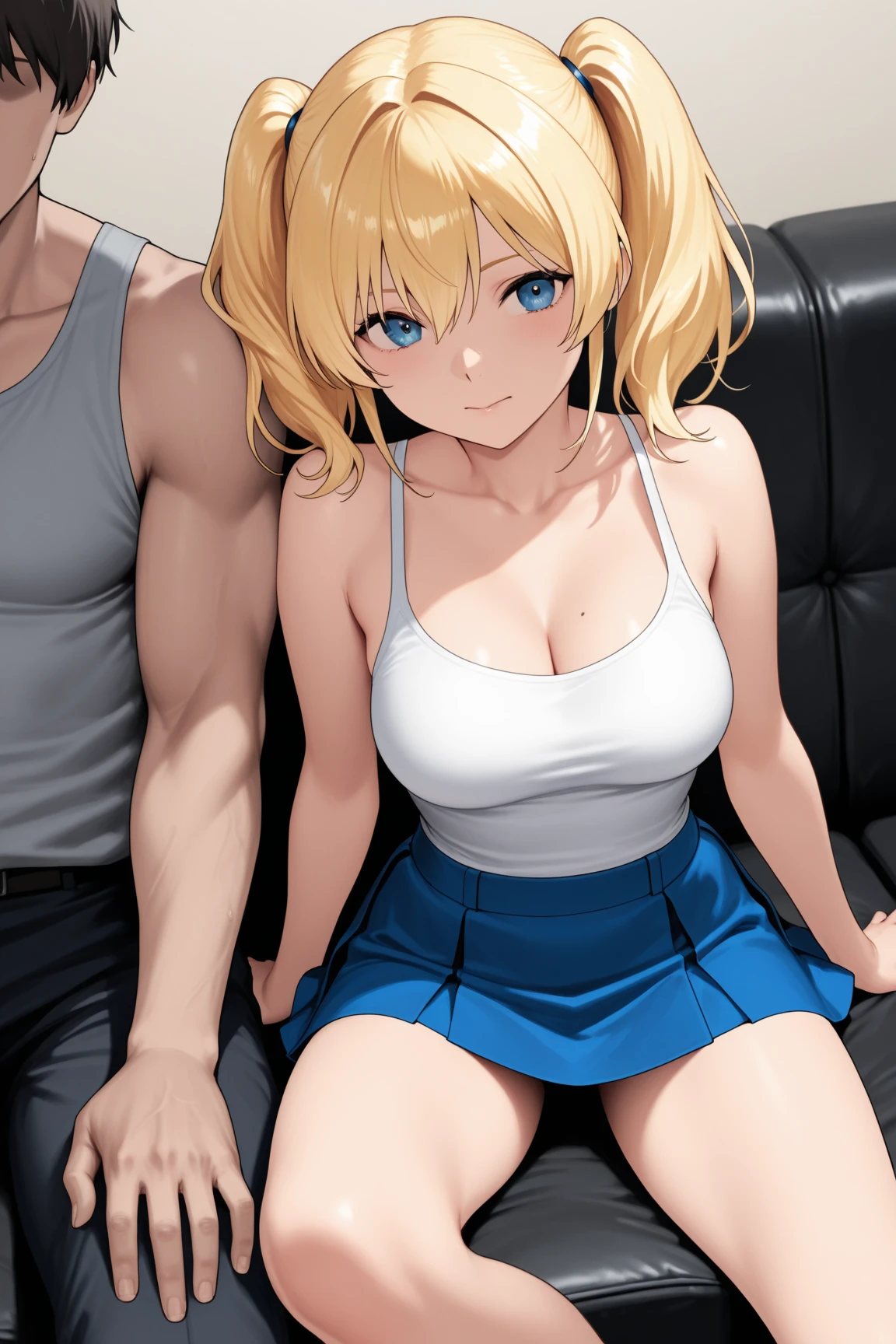 {{{masterpiece}}}, {{{highest quality}}}, {{Very detailed}}, {shape},(highest quality:1.3), Blonde girl with ponytail gives titjob, throw, 1 boy, Penis between breasts, My chest feels tight, Wet penis , Cleavage, Bedroom, storehouse, Sweaty, Big Breasts, Moving lines, Mischievous Smile, belly button, Play sports often,Secretion of milk,milk,get wet,Sweaty,Off-the-shoulder sweater,Cleavage,Denim shorts,