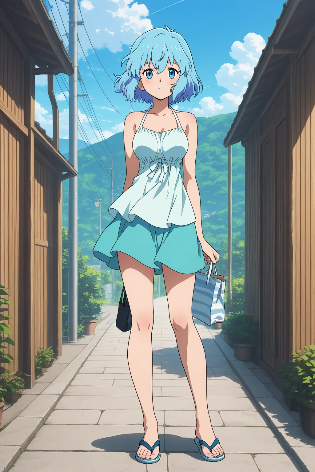evangerion 、Rei Ayanami 、、Big Tits Female、Blue-haired、short-haired、outside of house、the beach、、maikurobikini、bare-legged