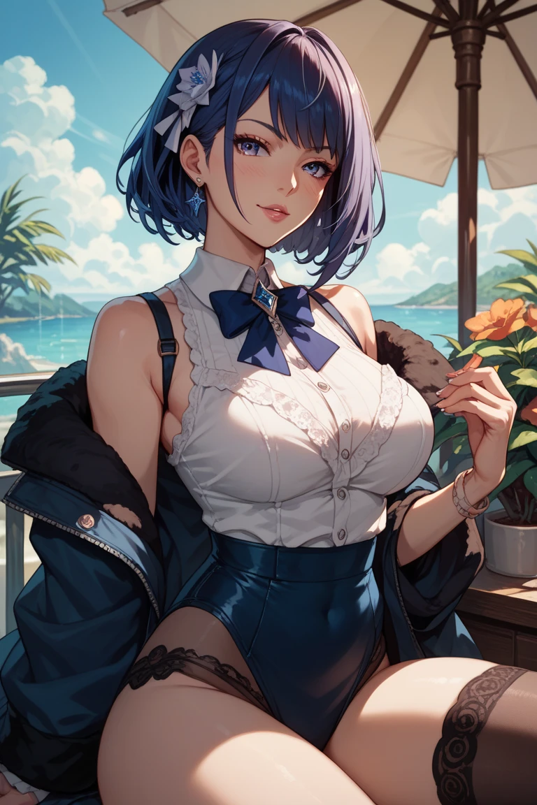 (from below:1.2),(from side:0.9), ((cute Face)), (Close-Up:0.6), ((looking at viewer, holding a icecream)),(Italian sweets magazine cover:1.4), highest quality、(real、photorealistic:1.5),(ultra high resolution,dark blue hair,long hair,side ponytail,hair between eyes,bangs, (beret, black jacket, open clothes, cleavage, midriff, black shorts, black thighhighs, thigh strap, fingerless gloves, single glove:1.2), (double breasted,under bust:1.2), sitting at a table, cute, anime visual of a cute girl, cute anime girl, eating cakes, young anime girl, guweiz, high quality anime artstyle, anime girl, artwork in the style of guweiz, beautiful anime girl, pretty anime girl, (anime girl), official artwork,(with sparkling eyes and a contagious smile),her thin pubic hair, looking at viewer, pose muy sexy"