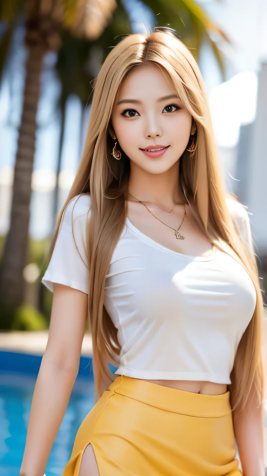 (RAW Photos,Realistic, Photorealistic: 1.4, masterpiece, highest quality), 98k, 1 Beautiful Day Woman, alone, 20-year-old, Small face,Cute Smile, Larger breasts, Beautifully detailed round eyes, Droopy Eyes 1.4, Long platinum blonde hair, Wavy Hair, (Highly detailed face and skin texture), White skin,tank top, Micro Mini Skirt, street, Day, sunny Day, close, (View Viewer:1.4)