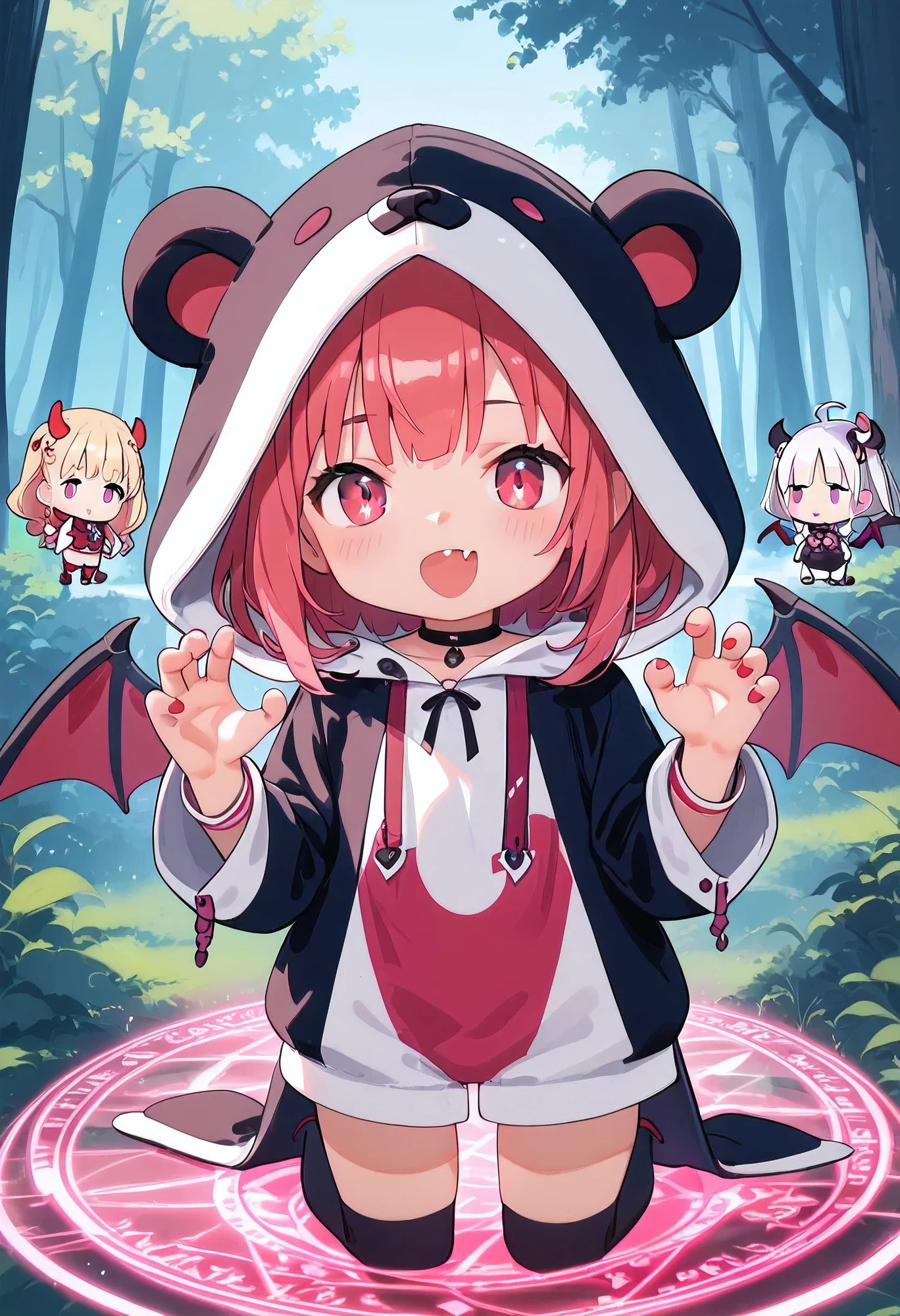 score_9, score_8_superior, score_7_superior, masterpiece, best quality, absurdres, high_fidelity, vibrant, sauce_anime, (rating_explicit:1.0), masterpiece, Highest quality, Adorable, 1girls, loli, child, (chibi:1.3), animal_hood, ANHD, bear costume, claw pose, open mouth, fang, devil wings, (magic circle on ground:1.2), in forest, night