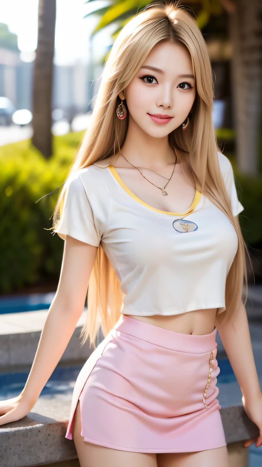 White tank top、mini skirt、Fairy Tail、in the forest、20-year-old woman、Big eyes、Silver gold hair、Gold Necklace、Perfect lighting、Sharp focus、High resolution、High resolution、High color reproducibility、High resolution、Ultra-realistic、Photorealistic 