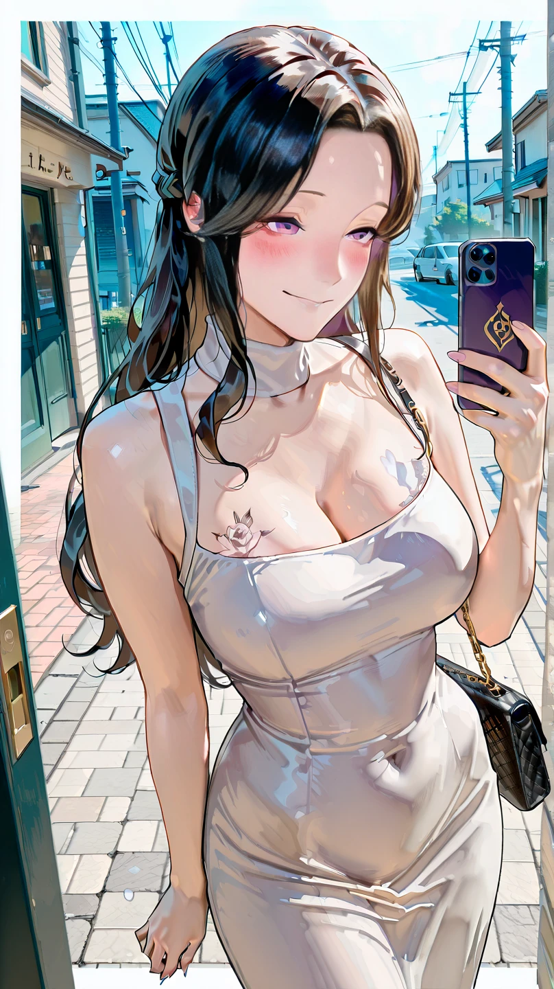 a woman in a white outfit standing on a street corner holding her phone, 1girl, mature female, breasts, cleavage, outdoors, big eyes, solo, smile, brown hair, large breasts, dress, sky, white dress, bag, day, braid, open mouth, bangs, blue sky, blush, building, collarbone