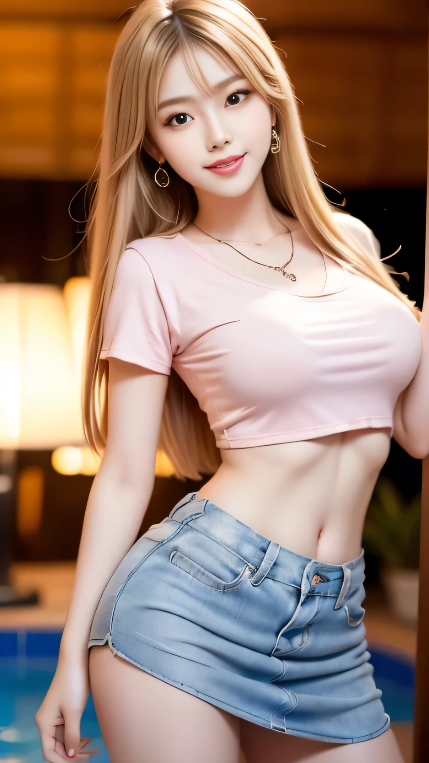 ((((solo)))),highest quality、high resolution,High resolution,masterpiece,Realistic,detailed,Attractive married woman,(非常にdetailedな顔, smile) ,Slightly round face, cute, Big eyes,Tear bags,Carefully draw eyelashes,Anatomically perfect body style,(((whole bodyが映る))),(((whole body))),((Blonde wavy shorthair:1.6)),(Hair on one eye:1.3),(((Blonde Hair))),(((Denim shorts))):1.5,Leather Belt,(((Pink tank top));1.5,Bare thighs,barefoot,Beautiful brown eyes,((Big Breasts)),(((Underboob))),Naked abs,belly button,pubic,In the bedroom,get drunk,Upward glance,cheeks are bright red,あざとcute,sexual expression,Sexy as hell,Erotic look,Waistline,Hip,(Standing pose),(Front Angle:1.2),(Poses that accentuate the buttocks),((Angle that emphasizes the buttocks)),nsfw