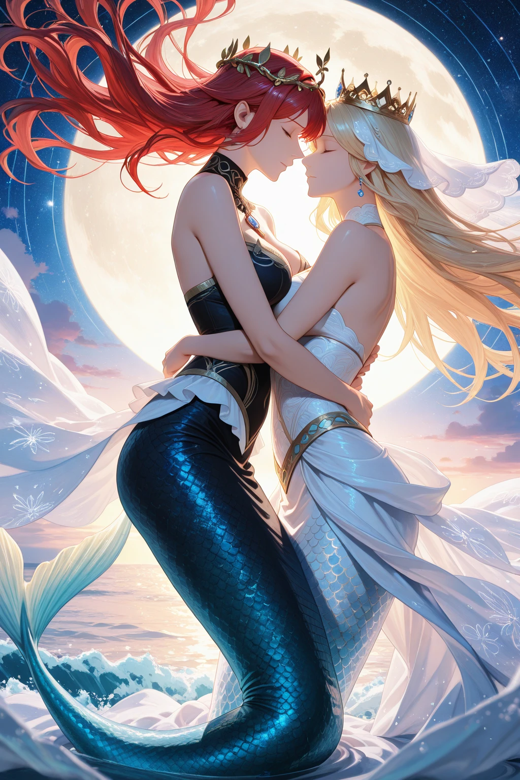 A blue mermaid and a red-haired pirate, looking at each other with love, in a dark setting