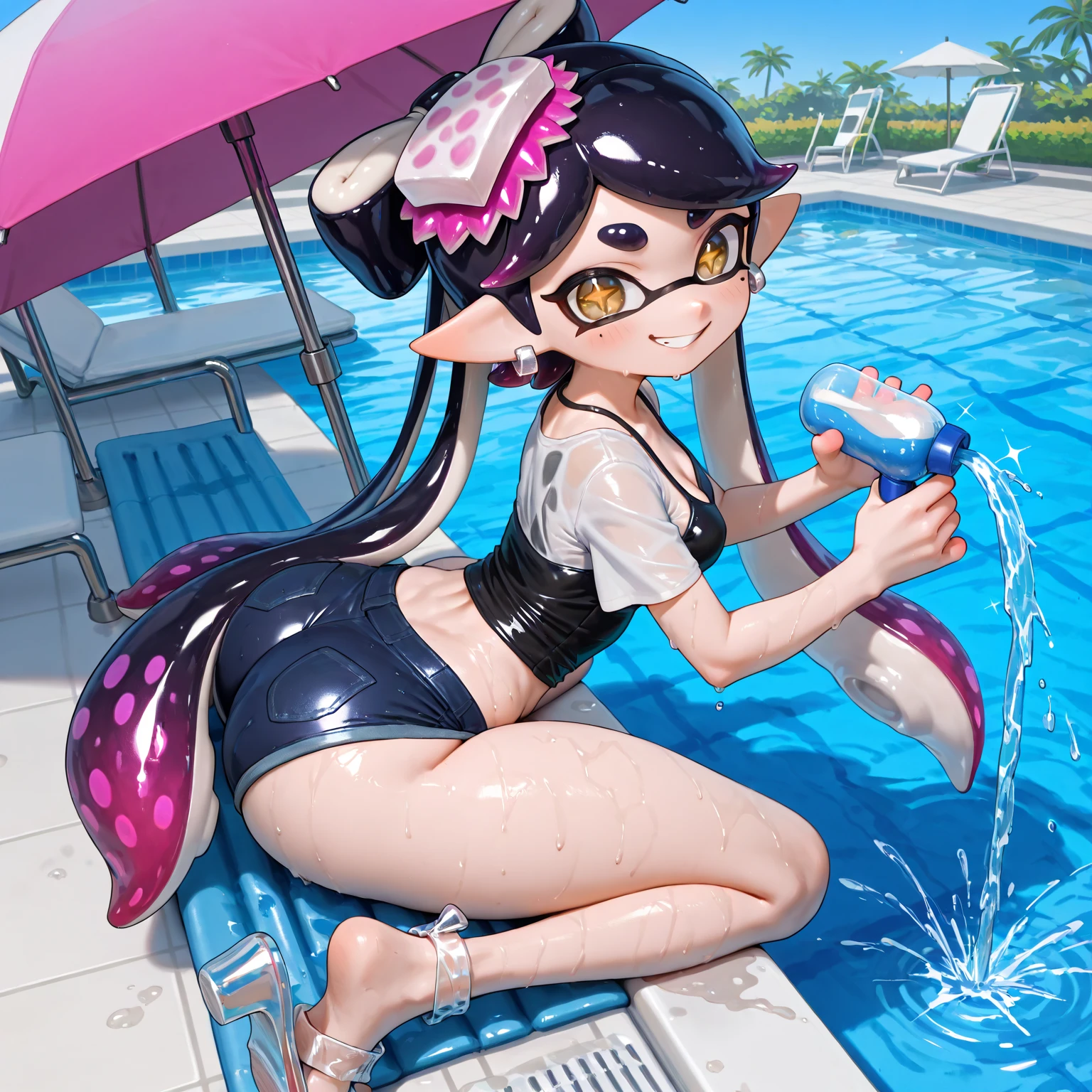 ((ultra detailed, masterpiece, absurdres)) T8Reina, 1girl, short hair, purple hair, multicolored hair, indigo bikini, looking from behind, back view, with a ringed floatie in the water, detailed skin, water soaked skin