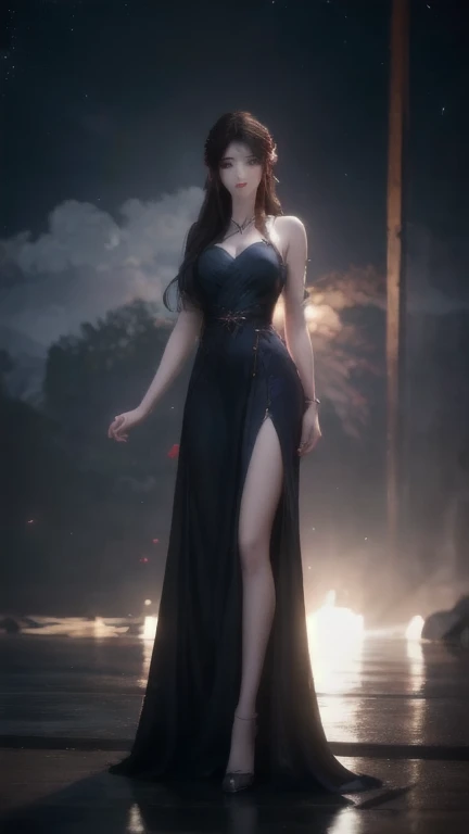 8K, ultra HD, very detailed, masterpiece, 1 girl, good face, detailed eyes, detailed lips, medium beasts, (very detailed dress:1.5), (devil dress), purple color, devil wings, darkness, moon background, wet ground, scary scenery, sitting,