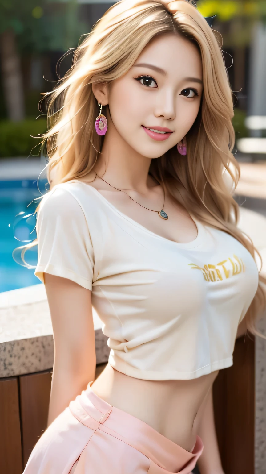 23-year-old woman, Long dark blonde wavy hair、Puffy nippleedium Milk, Cute Smile、、、Beautiful Necklace、On the grass in the park、Squat on your knees、Cute smile with upward glances、T-Shirts、White skinny pants、Beautiful ass