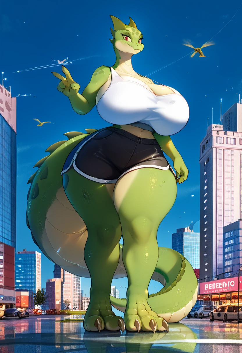 masterpiece, best quality, a beautiful and detailed portrait of ((seheno)),lizard, scalie, slit pupils,teal body, green eyes,two tone boudy, countershading, large tits,slightly chubby, standing, leaning forwards, cleavage, ((sports bra)), ((shorts)),voluptuous, outside, city, clouds,furry female,solo,looking at viewer,
<lora:vader-sanv3.1:1>