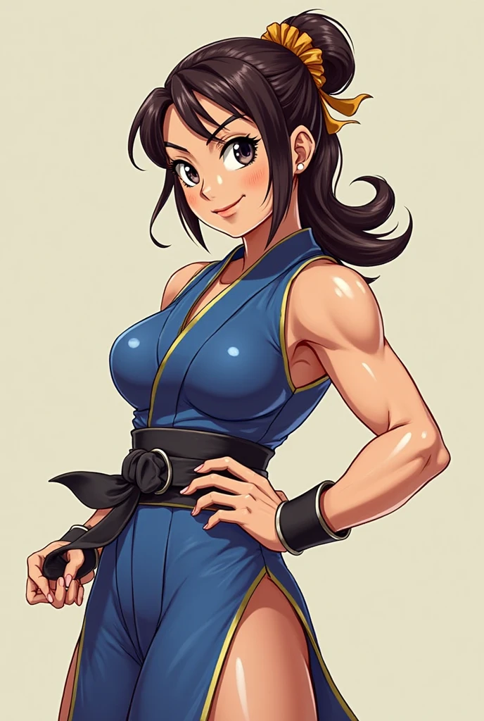 RAW photo, (high detailed skin, detailed eyes:1.1), intricate details, best quality, 8k uhd, soft lighting, Vegetto, breasts, (female:1.2), 1girl, earrings, jewelry, white gloves, spiked hair, dougi, smile, brown hair, two bangs, brown eyes, saiyan, sexy, large breasts, wide hips, curvy, thin waist, bikini, victory pose