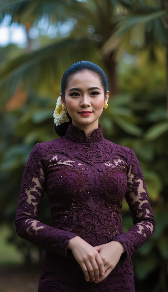 Very beautiful woman from Indonesia, flowers tucked in her ears, wearing a black kebaya Indonesian version without a bra, breasts clearly visible, wearing a long split cloth, thighs clearly visible, professional model pose, perfectly proportional body.