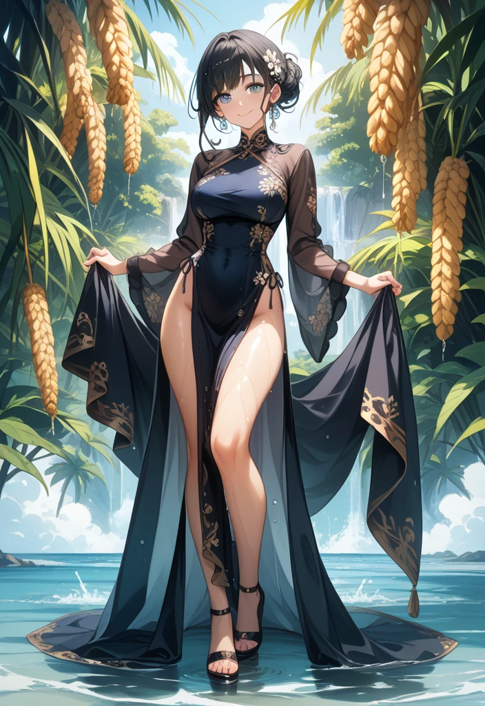 (rule of thirds:1.4),(SFW),((hyper-realistic illustration:1.4)) Beautiful 20 yo Mediterranean woman, beautiful athletic figure, shapely toned legs, perfect round ass, natural perky breasts,(abs), long dark hair, green eyes. (joy:1.4), sweet smile,  Red lipstick, mascara, long sleeve dress, high heels. Masterpiece, best quality,(highly detailed:1.2),(detailed face and eyes:1.2), depth of field, 8k wallpaper, natural lighting, core shadows, high contrast, bokeh.