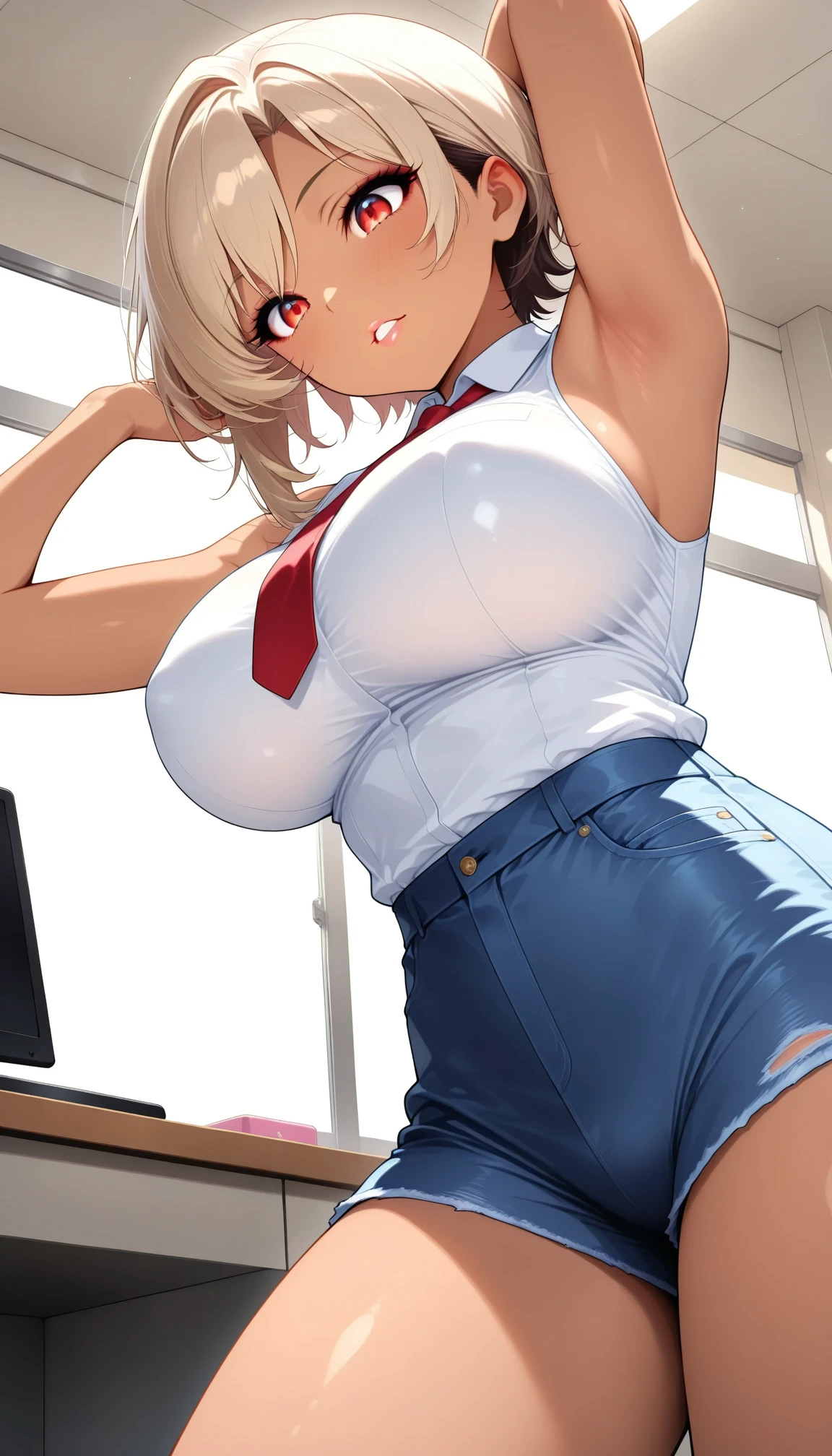 (1girl, Tomoe Mami, mahou shoujo madoka magica), (throw_hand, pink vibrator remote switch in throw_hand, throw:1.2), Highest quality, Super detailed, masterpiece, Ultra-high resolution, 8K, Ridiculous, Cowboy Shooting, Blurred, One girl, Focus on the girl, Embarrassing, blush, Lovely, Close one eye, With tears in her eyes and her mouth open, What saliva leaves behind, Wet skirt hem, (Sticky panties:1.1), Bulging of the vibrator cord, Vibrator with Garters, (cleavage), Classroom Background, The skirt is accidentally exposed,(large breasts), (crop top navel), (waist line), Accidentally exposed panties