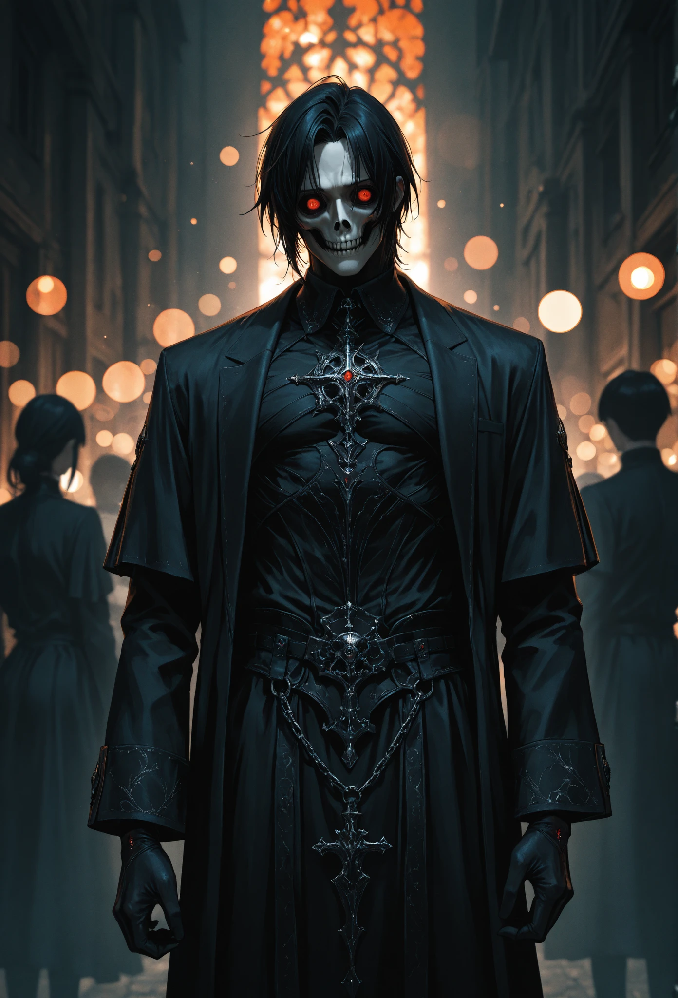 Imagine a dark and mysterious scene where a skeleton stands out. He is draped in an elegant black suit with slender red details, fitted perfectly to his skeleton, giving him an intriguing and formal appearance. The dark fabric contrasts with the white bones, highlighting each joint and bone structure. His fleshless skull is clearly visible, with deep shadows in the eye sockets, imparting an air of mystery to his figure. Its empty eyes glow with an otherworldly light, an ethereal glow that seems to pulse with a sinister energy. The void where the eyes should be conveys a feeling of desolation and power at the same time. In the background, a dark scene unfolds, with twisted trees and dry leaves scattered across the ground, as if nature itself were dead. The faint moonlight shines through the dense clouds, casting a pale, cold glow over the scene. The dim lighting only adds to the sense of unease, slightly highlighting the skeletal figure and making its presence even more menacing. This image depicts an enigmatic and skilled skeleton, dressed in an elegant and frightening suit. His sinister figure and shadowy presence convey a sense of imminent danger, while his empty eyes reveal a deep, disturbing abyss. Please create a work of art that captures the essence of this description, using your imagination to enhance the haunting atmosphere and tension of the scene.
