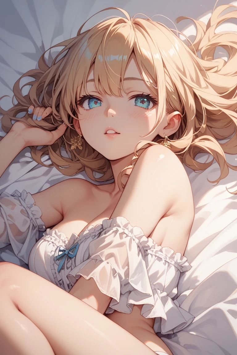 1girl,solo,cute,pretty,blond hair and medium hair,wake up,on the bed, yawn,open mouth,raise a hand,armpit,under wear,upper body focus