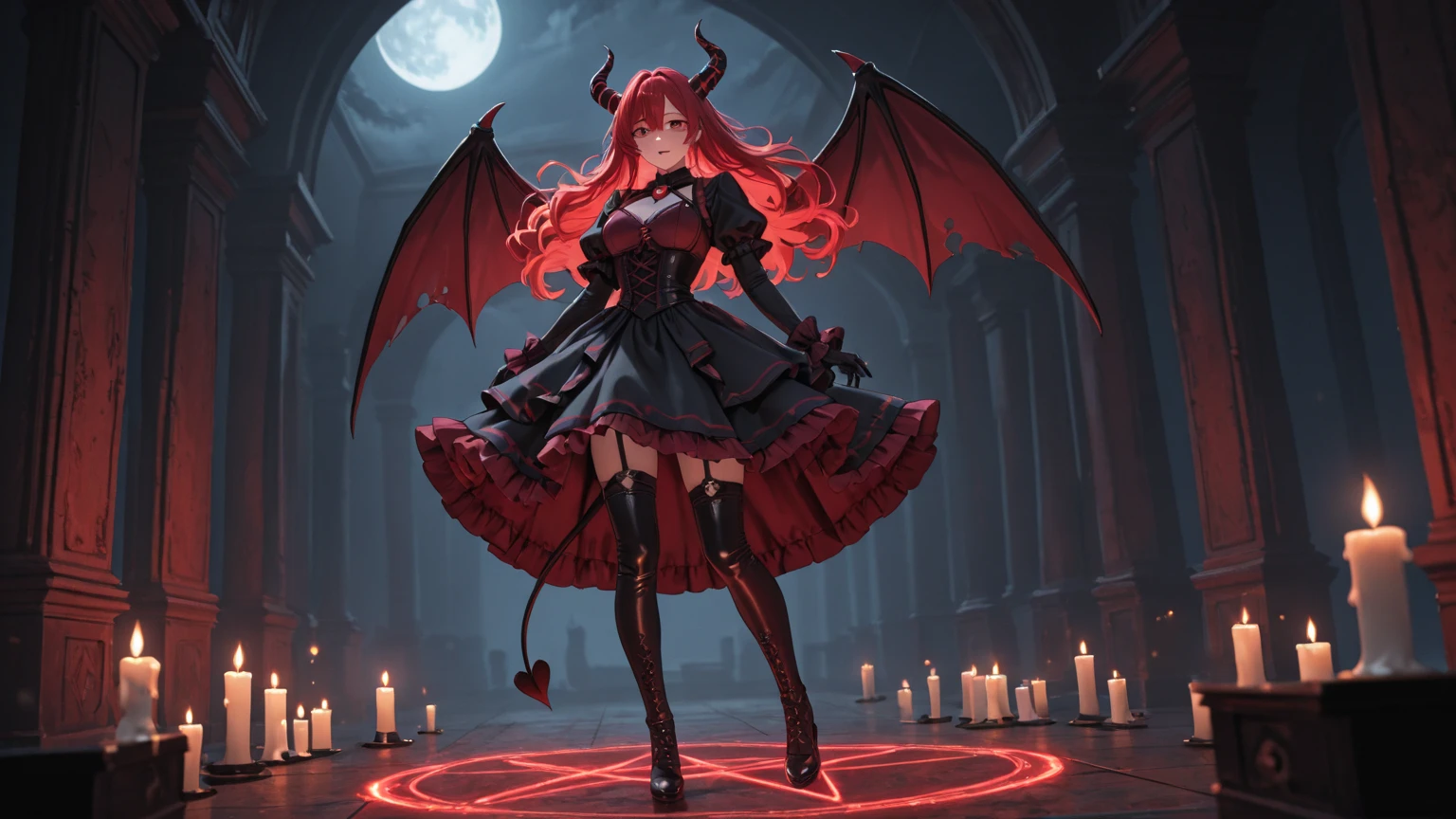 Cute flirty anthropomorphic bat with long red hair, full height, stands against the backdrop of the shining moon, gothic castle built into the rock, looks at the author, long eyelashes, Red lips, Shining wings, pose in gender turnover, hyperrealism