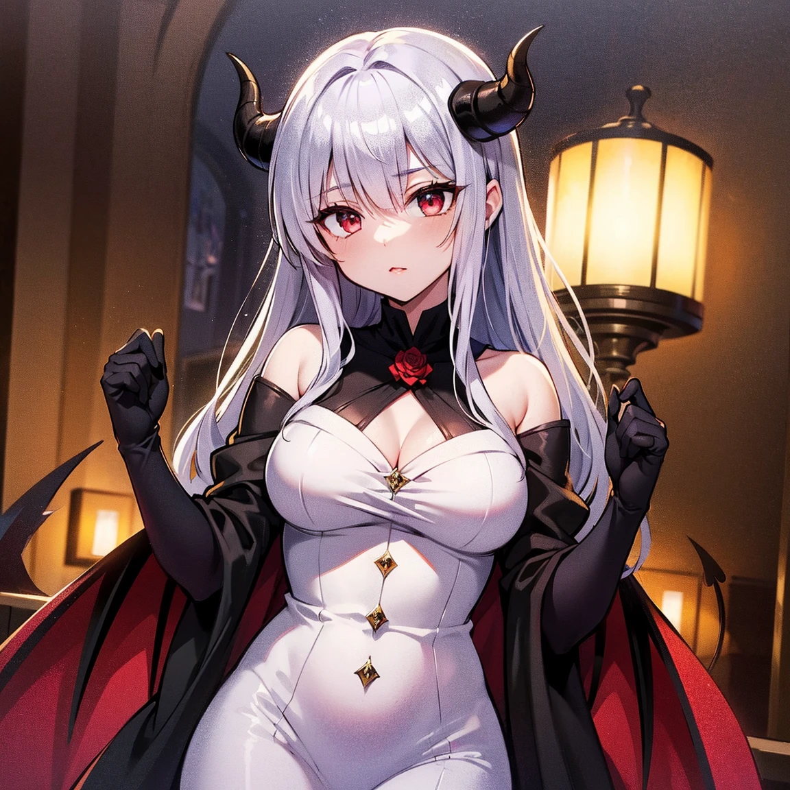 (masterpiece, best quality:1.2), 1girl, solo, Sonata, vampire, purple hair, white opaque trousers with under neck boots, white background