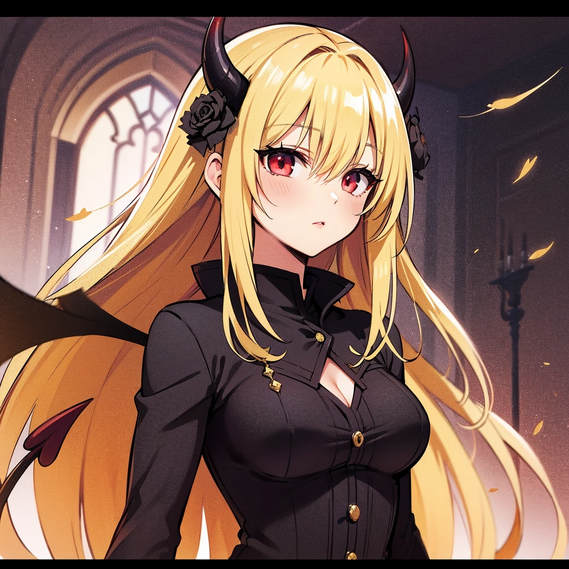 Masterpiece, very detailed, ultra detailed, one, (1 woman), she is in a monochrome black dress with gold details, with zipper knives in each hand and in a stable and fighting position, super mature, tall, milf, mature mother, long hair, straight hair, bright yellow hair and bangs on the sides, yellow demonic horns, beautiful, charming, bright blood red eyes, elegant, large breasts, kind smile, charming, against the background of golden thunderstorms and golden lightning.