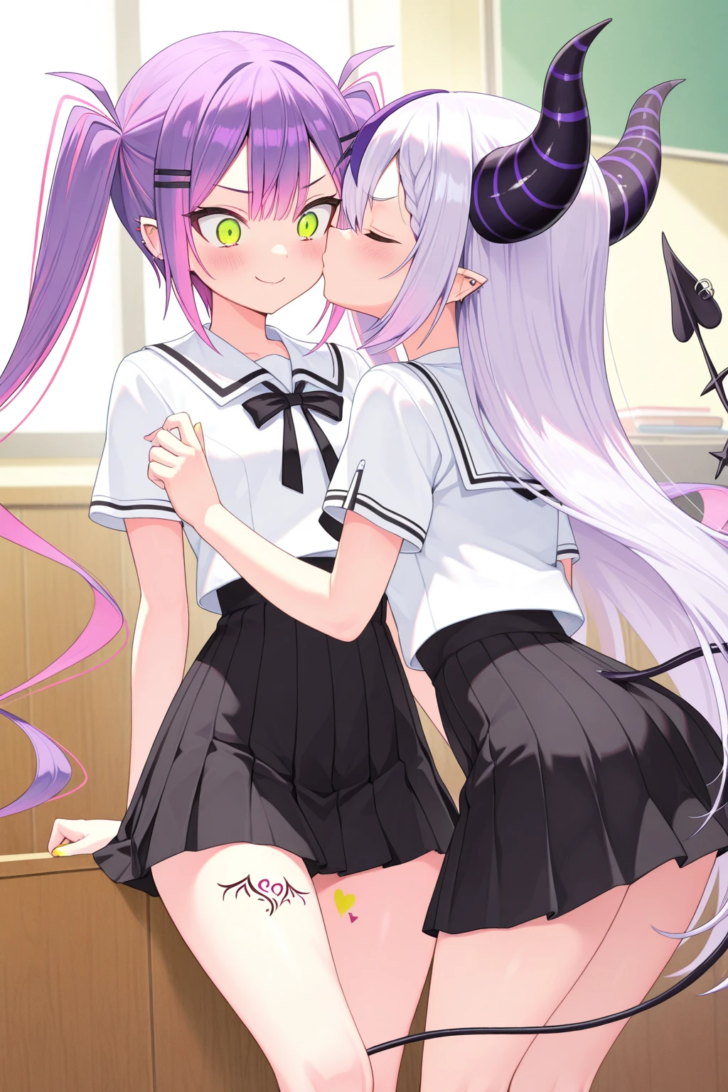 score_9, masterpiece, score_8_up, score_7_up, best quality, 2girls,elma \(maidragon\), kobayashi-san chi no maidragon,Lesbian couple ,huge breasts,embarrassed,blush,happy,white collared shirt, pleated skirt,Checked Skirt,sex,doggy_style,cum on body,excessive cum,drool,sweat,pussy juice,love juice,classroom,from below,from behind,looking back,focus ass