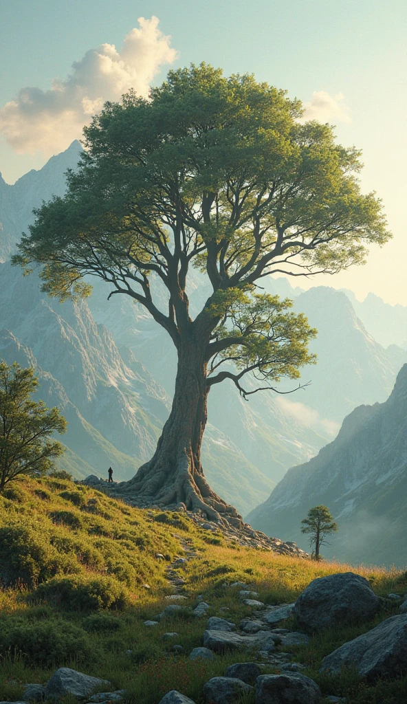 A large tree stands alone, with a meadow, on a hill, mountain view, soft golden light early in the morning, fog from