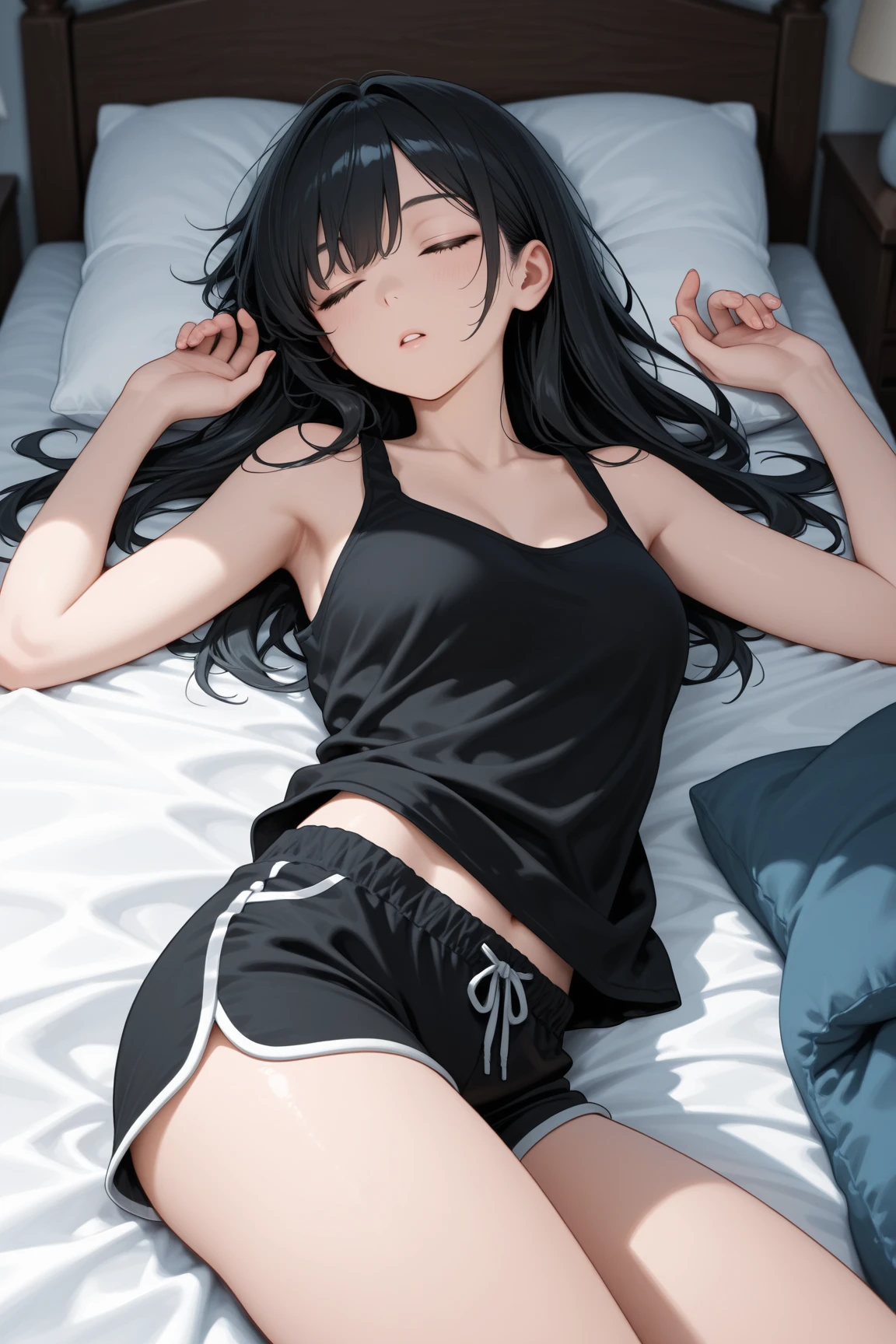 high quality anime,Perfect Anatomy, 1woman solo,20 year old beauty、black hair,long  hair,blunt  bangs,black eyes,tearful,shy look、slender body, ideal ratio body proportions,medium breasts,sitting,M type spread legs,sweat,black bra、Navel is visible、、wet crotch、beautiful black panties、thigh_gap, black_thighhighs,indoor、simple hotel、simple bedroom、Simple bed、Tokyo、