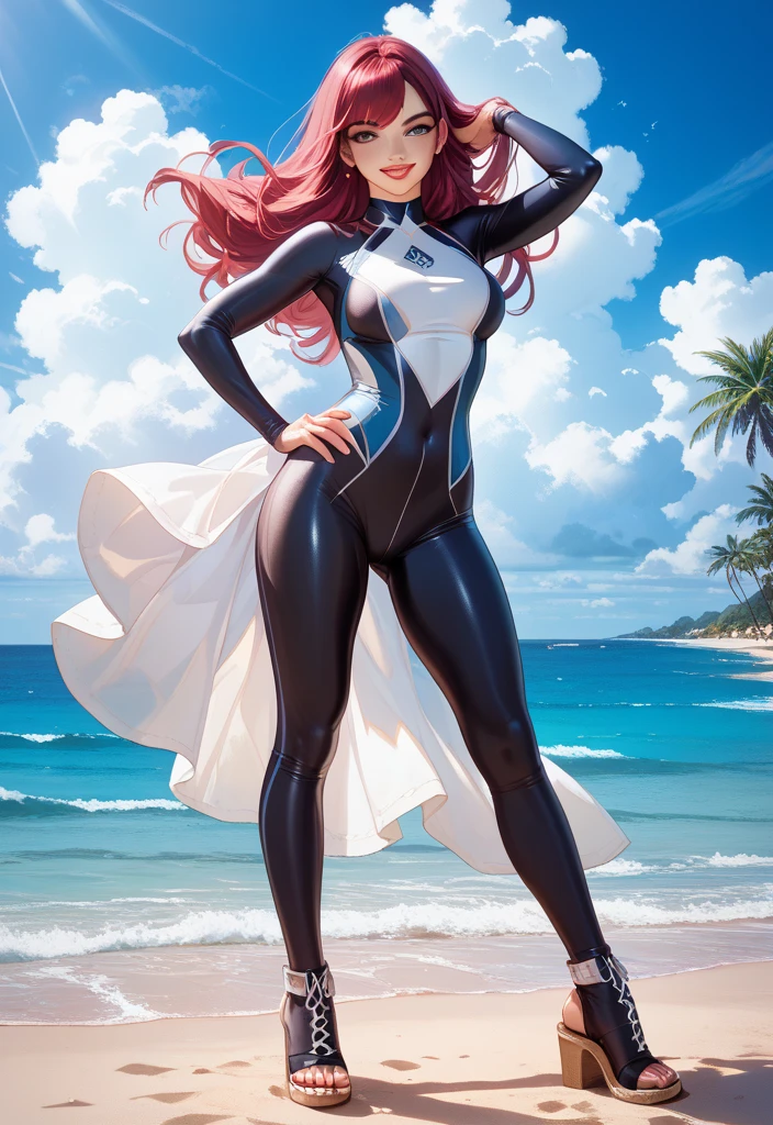 masterpiece,(masterpiece, top quality, best quality),supergirl solo, platinum blonde hair, belt, hand on hip, holding, large breasts, white bodysuit (supergirl insignia on chest), choker, supergirl insignia on sleeve , white jumpsuit, simple background, looking at viewer, smile, bodysuit, medium short hair, cowboy shot, bangs, standing, lips, closed mouth, brown eyes, medium hair, center opening, 