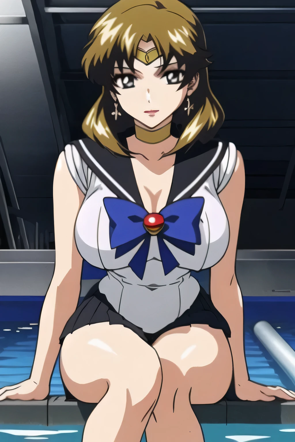  animated CG,can you draw a woman in a Sailor Moon costume,I'm at an outdoor pool facility,go blonde with twin tail hair，Graceful looking wavy hair，can you draw a woman in a Sailor Moon costume {x} have a thin waist with a white sleeveless costume,ピンクのプリーツMicro Mini Skirt,where you can see your penis,beautiful legs,Even if your breasts are big, Isolate the appearance of，expression with a thin waist, so don't trim your face，，smile， The mature sexual appeal of a 30-year-old woman，It's important to accurately draw 5 fingers，2 human arms             ，big breastsをさらにbig breastsに、Micro Mini Skirt，，， dark blue panties ，（drawing more delicate expressions），（ dark blue panties        ），brown stockings，black high heels，That's enough, don't cut your face。I need it for work。， ，，    ，  ,         She's an attractive woman , , ,   big breasts, thin waist ， ,   ，dark blue panties through gaps 、can you draw bigger huge breasts、Beautiful legs，Splendid Thighs，