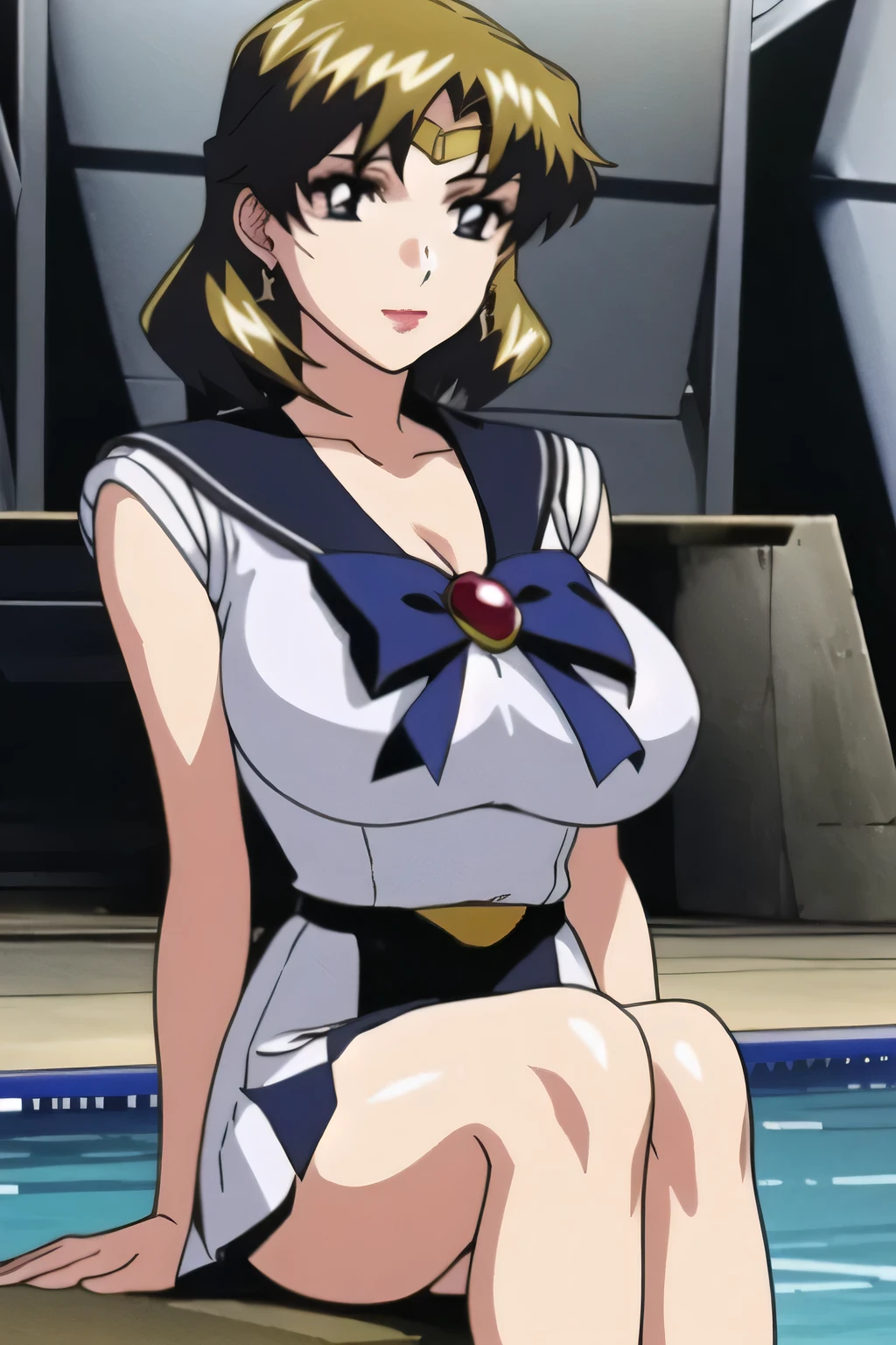 animated CG,can you draw a woman in a Sailor Moon costume,I'm at an outdoor pool facility,go blonde with twin tail hair,Graceful looking wavy hair,can you draw a woman in a Sailor Moon costume {x} have a thin waist with a white sleeveless costume,ピンクのプリーツMicro Mini Skirt,where you can see your penis,beautiful legs,Even if your breasts are big, Isolate the appearance of,expression with a thin waist, so don't trim your face,,smile, The mature sexual appeal of a 30-year-old woman,It's important to accurately draw 5 fingers,2 human arms ,big breastsをさらにbig breastsに、Micro Mini Skirt,,, dark blue panties ,(drawing more delicate expressions),( dark blue panties ),brown stockings,black high heels,That's enough, don't cut your face。I need it for work。, ,, , , She's an attractive woman , , , big breasts, thin waist , , ,dark blue panties through gaps 、can you draw bigger huge breasts、Beautiful legs,Splendid Thighs,