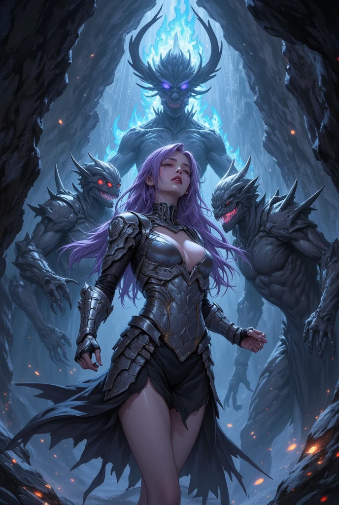 highest quality、Woman with long light purple hair、２Fighting a big black beaked monster、Clear Eyes、Small breasts、White off-shoulder armor、Beautiful exposed thighs、Fighting Pose、Big black monster with beak catches a woman&#39;feet、Big black monster with beak catches a woman&#39;poor、Dark night swamp、Different world、Dark fantasy