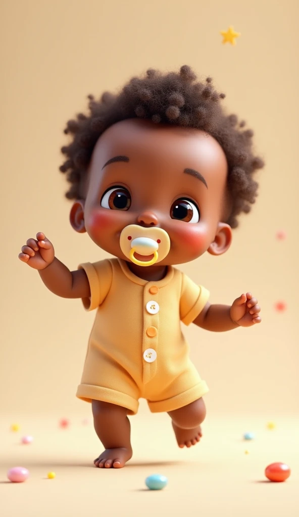 Baby cartoon style 
.  One-year-old baby boy with black skin and dark brown hair, small nose and ears, smiling, wearing a terracotta orange romper with a white shirt underneath and white sneakers 